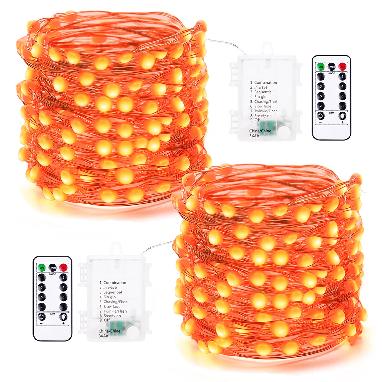 BrizLabs 2 Pack 50 LED Orange Halloween String Lights - 17.48ft Waterproof Fairy Lights with Remote & 8 Modes - Battery Operated for DIY Halloween Party, Tree Decor, Haunted House, Outdoor & Indoor Decorations