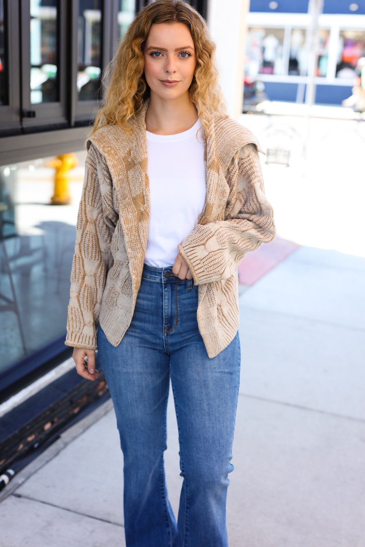 Cozy Taupe Textured Cable Knit Collared Cardigan for Women | Autumn Fall Sweater | Perfect for Layering, Office Wear & Casual Outfits