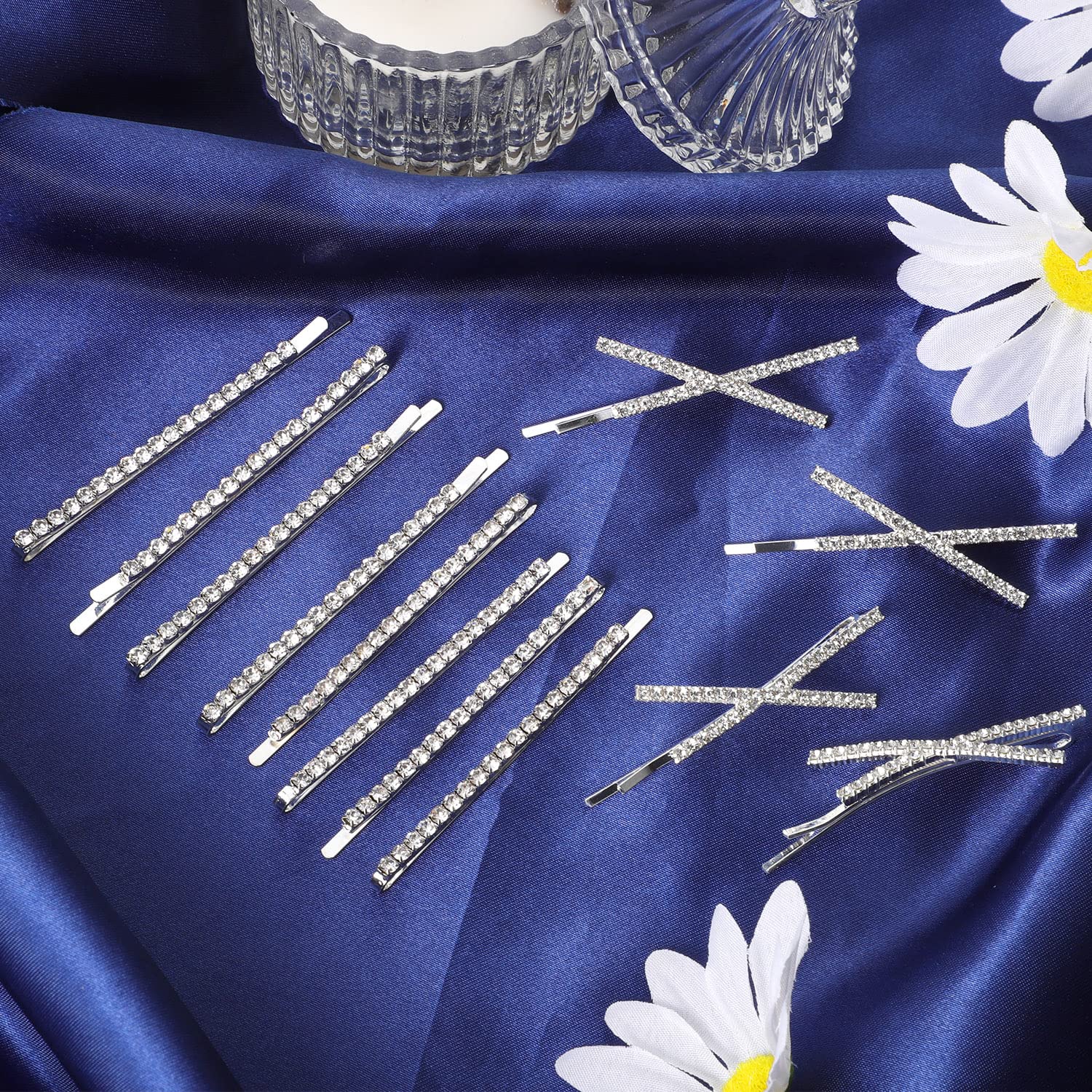 12 Pcs Rhinestone Bobby Pins & 8 Silver Metal Hair Clips - 4 X-Shaped Crystal Hair Pin Decorations for Women, Girls, Bridal & Party Hairstyles - Perfect for Weddings, Prom, Dances & Special Occasions