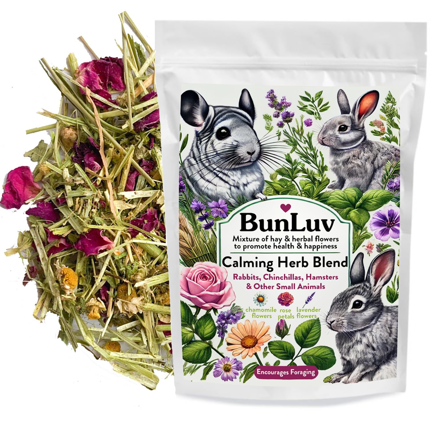 Premium Herbal Calming Forage: Timothy Hay & Organic Herbs Blend for Rabbits, Guinea Pigs, Chinchillas & Hamsters - 10oz Small Pet Treat - Perfect for Stress Relief & Natural Snacking