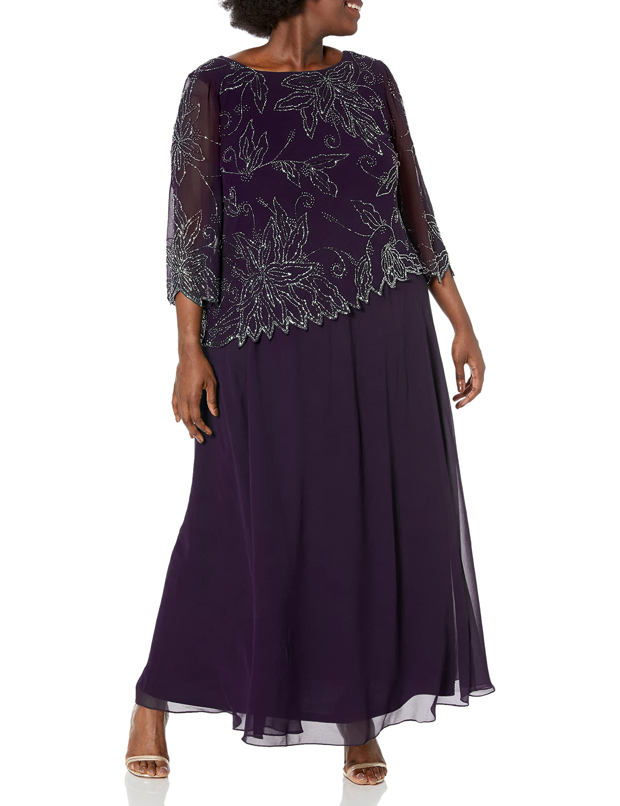 J Kara Women's Plus Size 3/4 Sleeve Scallop Edge Mock Flare Dress - Elegant A-Line Cocktail Party & Wedding Guest Outfit