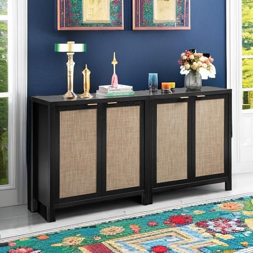 SICOTAS 2-Piece Black Boho Rattan Sideboard Buffet Cabinet with Storage - Modern Accent Coffee Bar Console for Dining Room, Living Room, Entryway & Kitchen - Perfect for Home Decor, Entertaining & Extra Storage Space