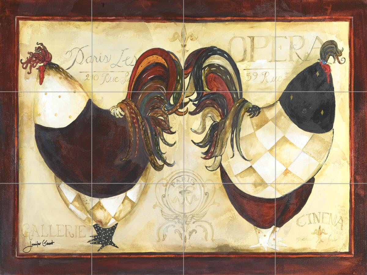 Jennifer Garant Roosters de Paris II Ceramic Backsplash Tile Mural - Handmade Kitchen Wall Decor for Farmhouse & French Country Style - Perfect for Kitchen Renovation and Backsplash Upgrade
