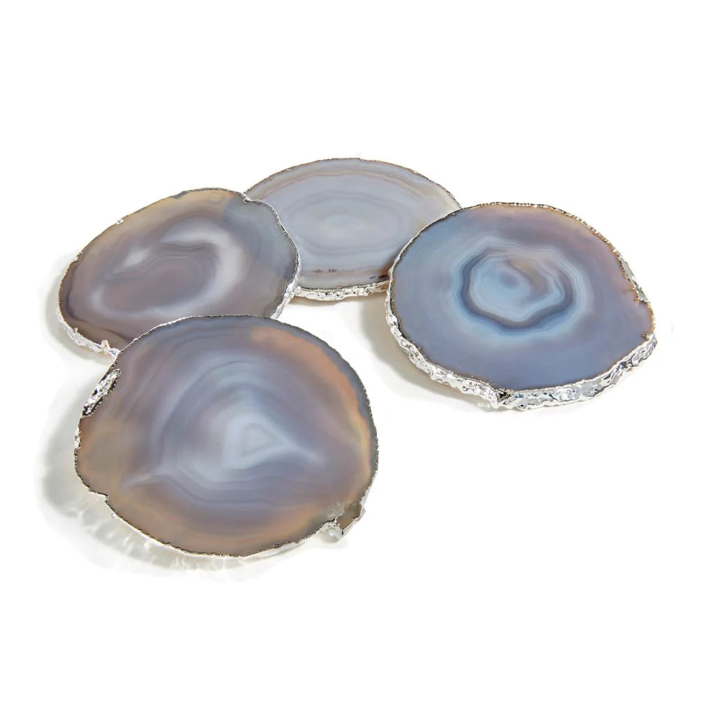 Lumino Smoke Agate & Silver Coasters Set of 4 - Elegant Drink Coasters for Home Bar, Coffee Table, and Party Decor