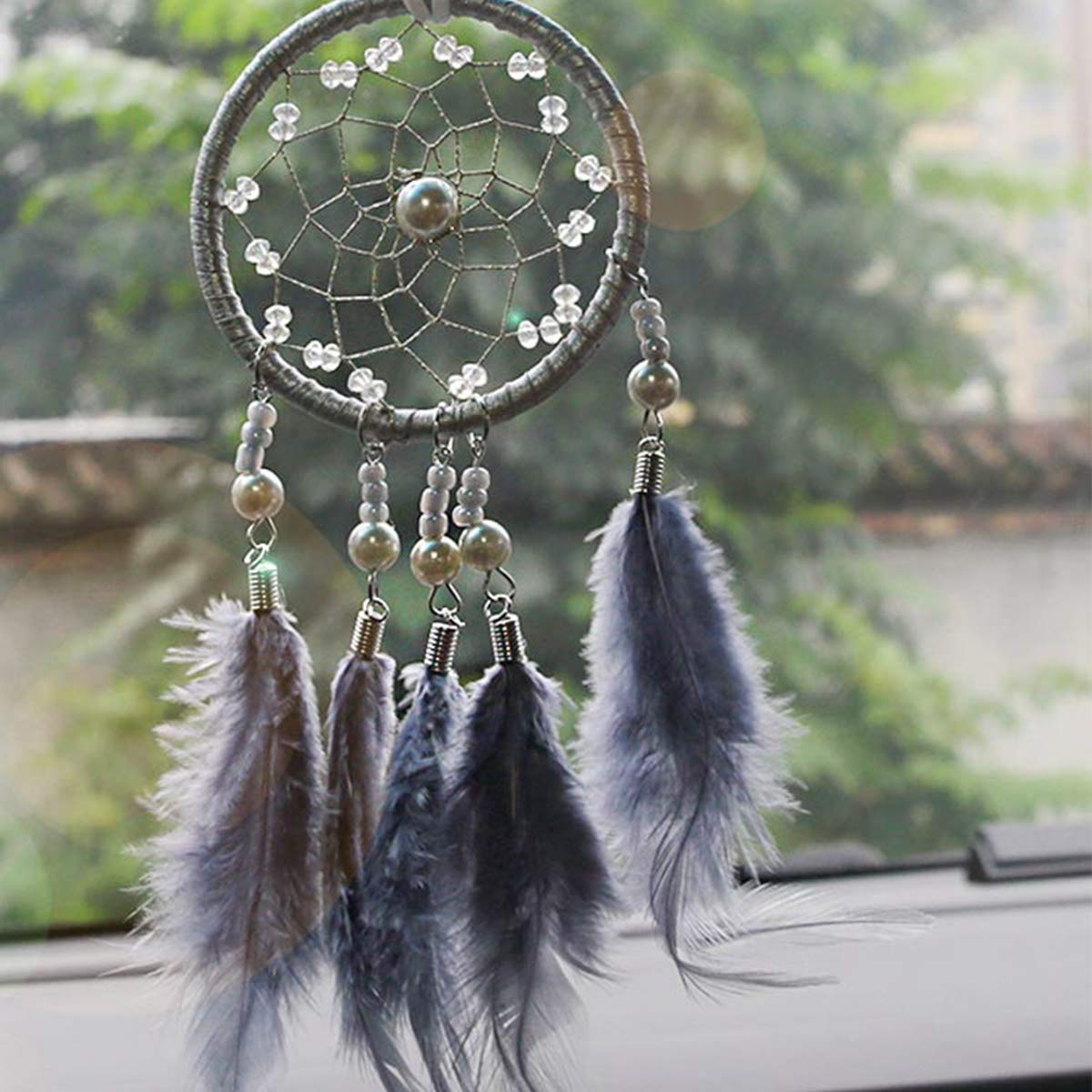 Feather Dream Catcher Car Charm Pendant - Gray Interior Rearview Hanging Decor for Car, Bedroom, and Wall - Enhance Your Space with Stylish Dream Catcher Accessories