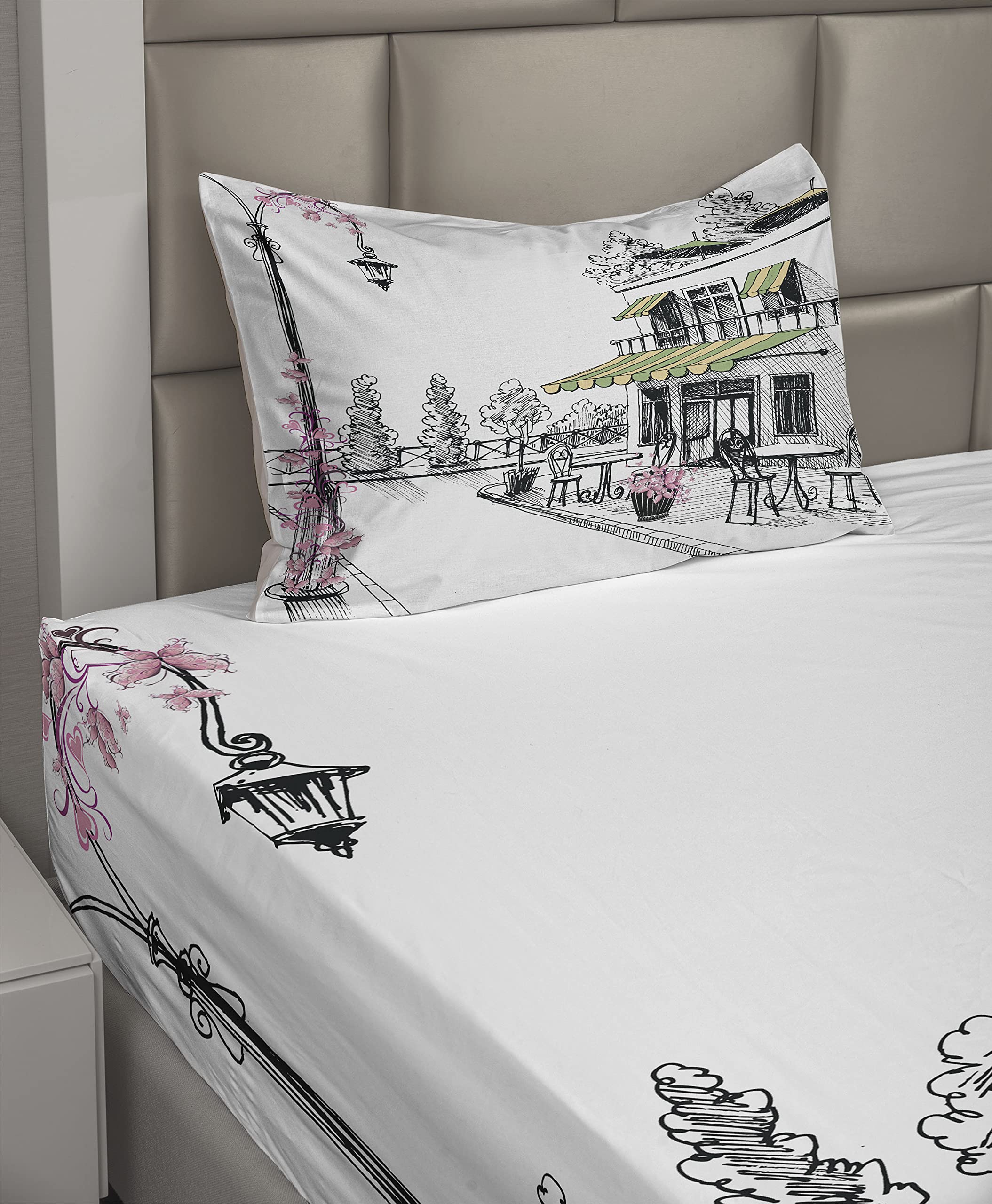 Ambesonne Parisian Patio Sketch 3-Piece Sheet Set - Twin Size, Charcoal Grey & White, Fitted & Flat Sheet with Pillowcase - Perfect for Bedroom, Guest Room, and Dorm Decor