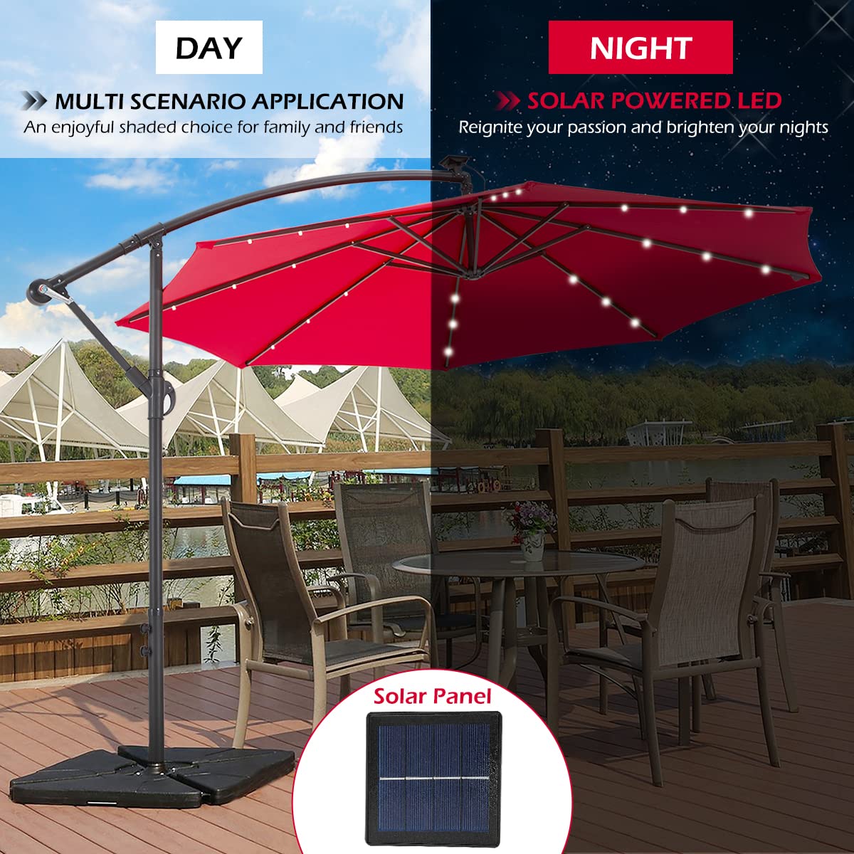 AECOJOY 10FT Solar Powered LED Cantilever Patio Umbrella with 24 Lights - Hanging Offset Market Umbrella with Cross Base for Backyard, Garden, Poolside (Red) | Perfect for Outdoor Dining, Lounging & Entertaining