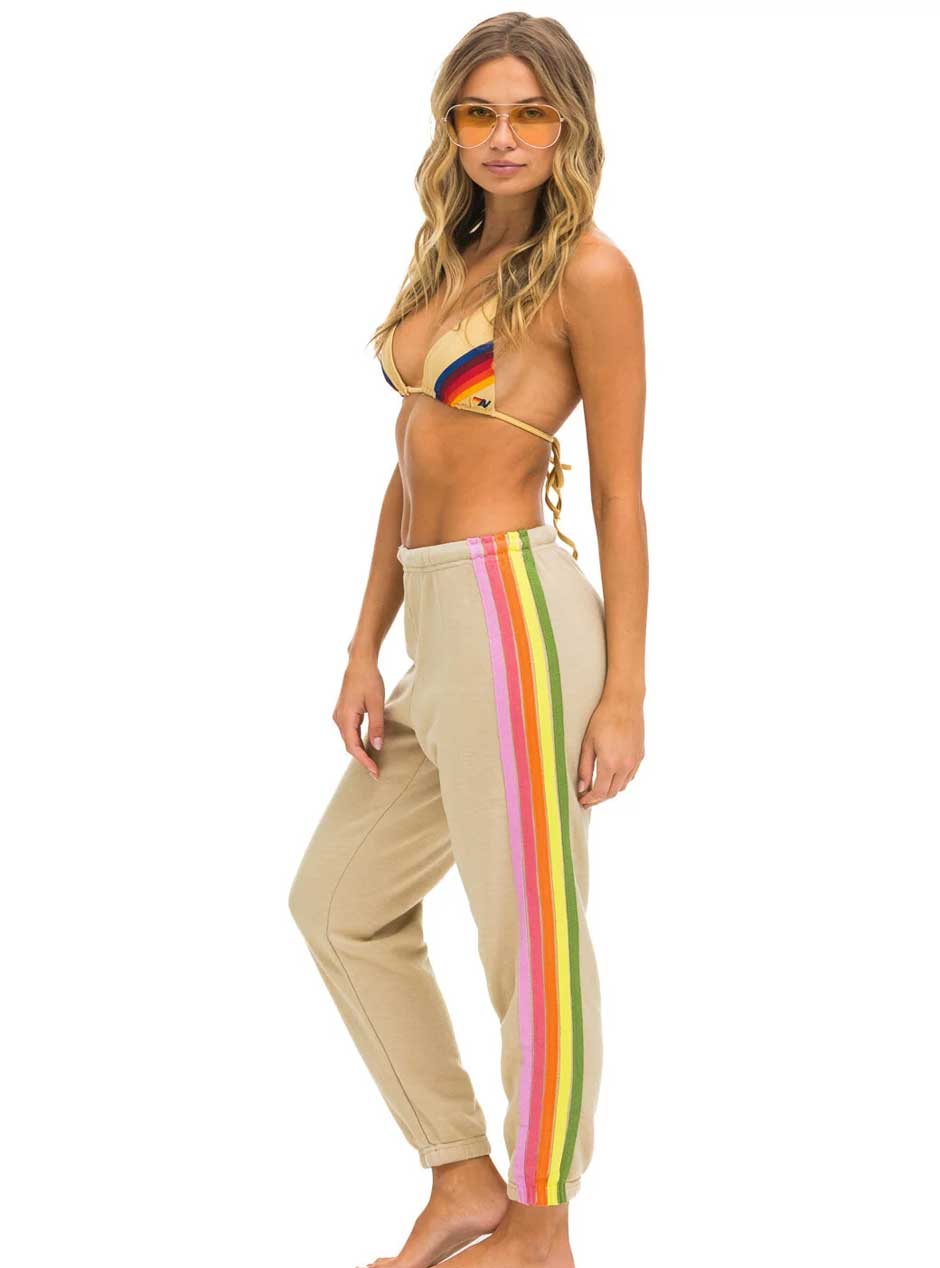 Aviator Nation Women's 5 Stripe Sweatpants - Sand, Tan, Pink & Green | Soft Casual Lounge Pants for Yoga, Running & Home Comfort