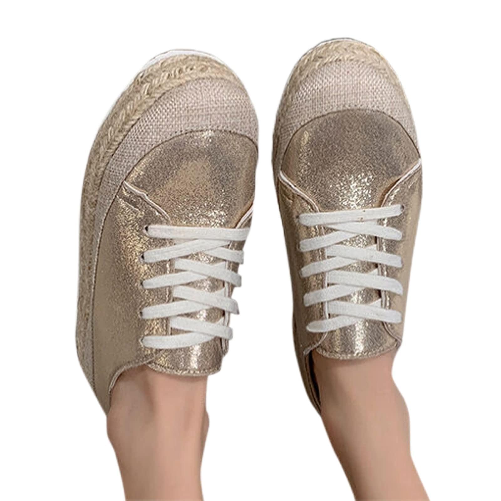 Women's Fashion Summer Casual Sneakers - Low Top Sequin Linen Woven Shoes with Thick Sole & Round Toe | Perfect for Tennis, Walking & Everyday Wear