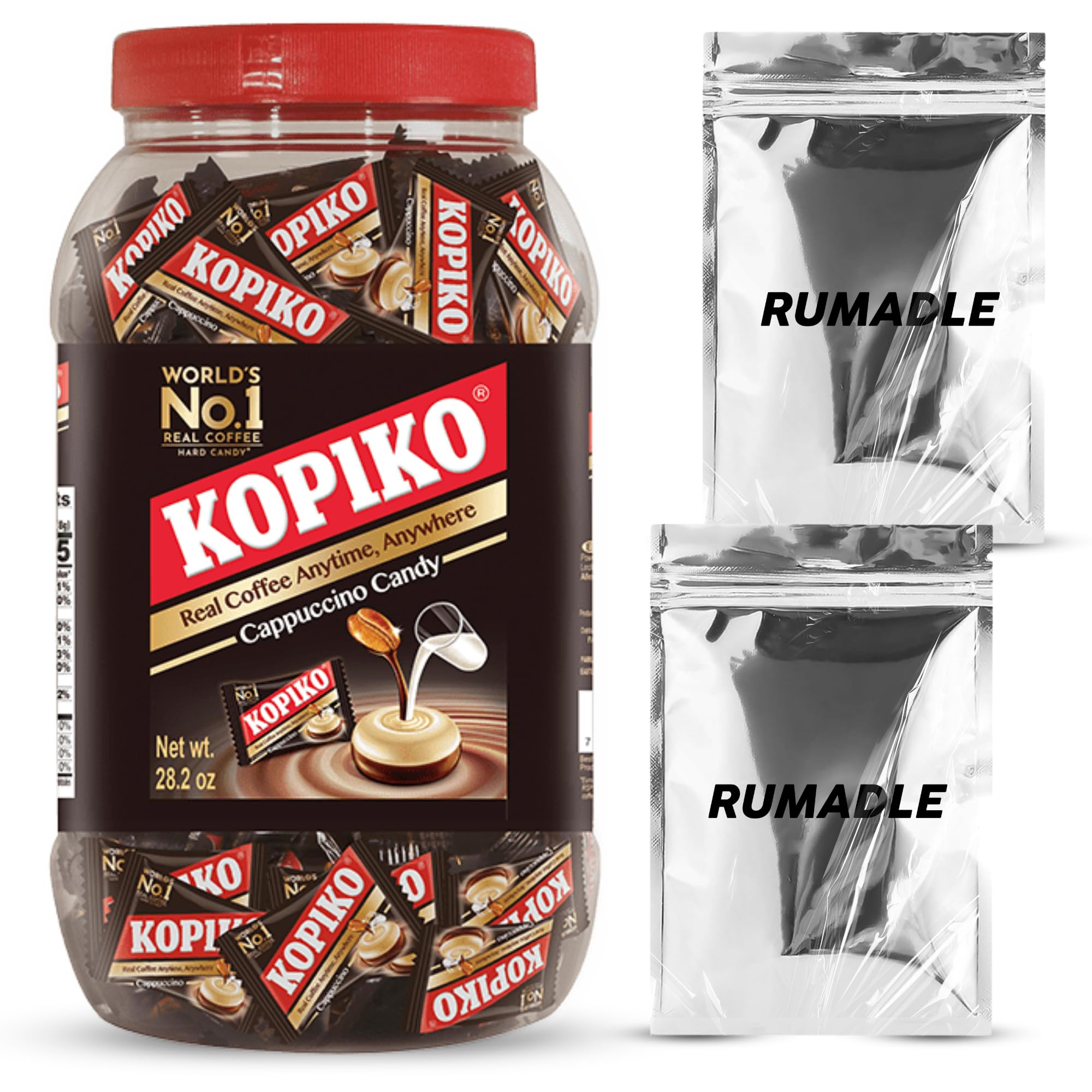 Kopiko Cappuccino Coffee Candy Bundle - 28.2 Oz Jar with Premium Resealable Rumadle Bag | Authentic Indonesian Coffee Flavor | Perfect for Office Snacks, Travel Treats & Coffee Lovers Gifts