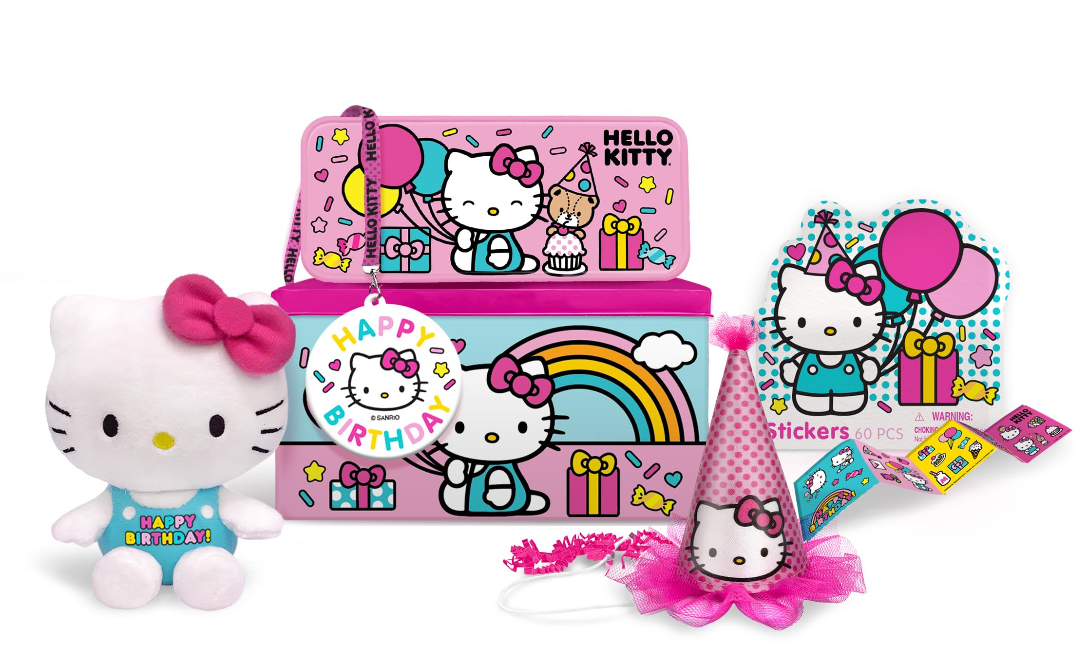 Hello Kitty Birthday Party Gift Set - Tin Box, Pencil Case, Stickers, Necklace, Plush Toy & Hat | Perfect for Girls' Birthday Celebrations, School Supplies & Kawaii Collectibles