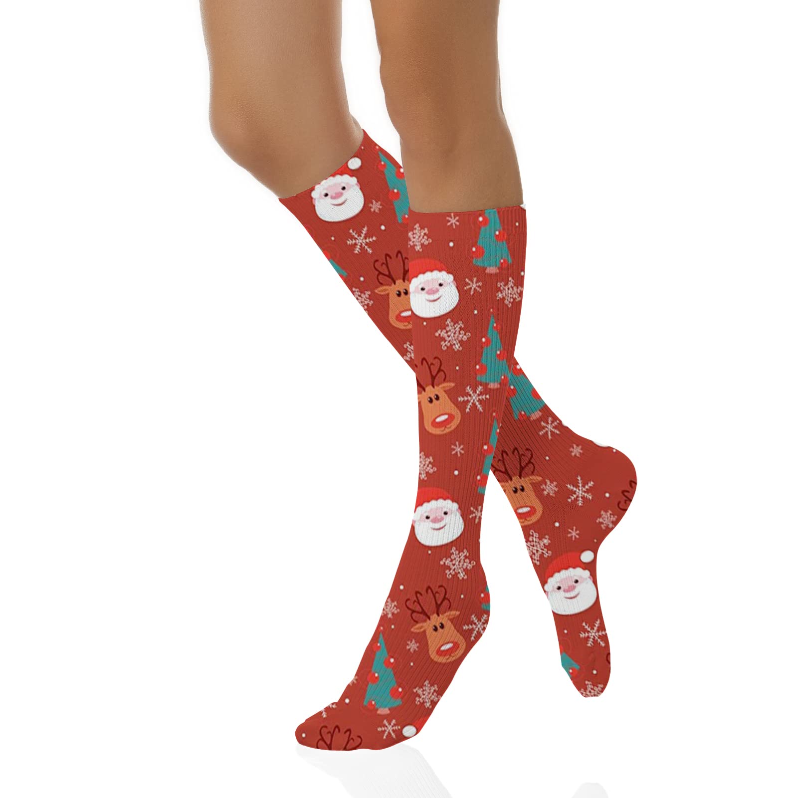 Christmas Holiday Women's Socks - Warm Winter Cozy Socks with Smiling Santa, Rudolph & Snowflake Designs - Soft Red Multicolor Knit Socks (20 Inch) - Perfect for Gifting, Christmas Parties & Cozy Winter Nights