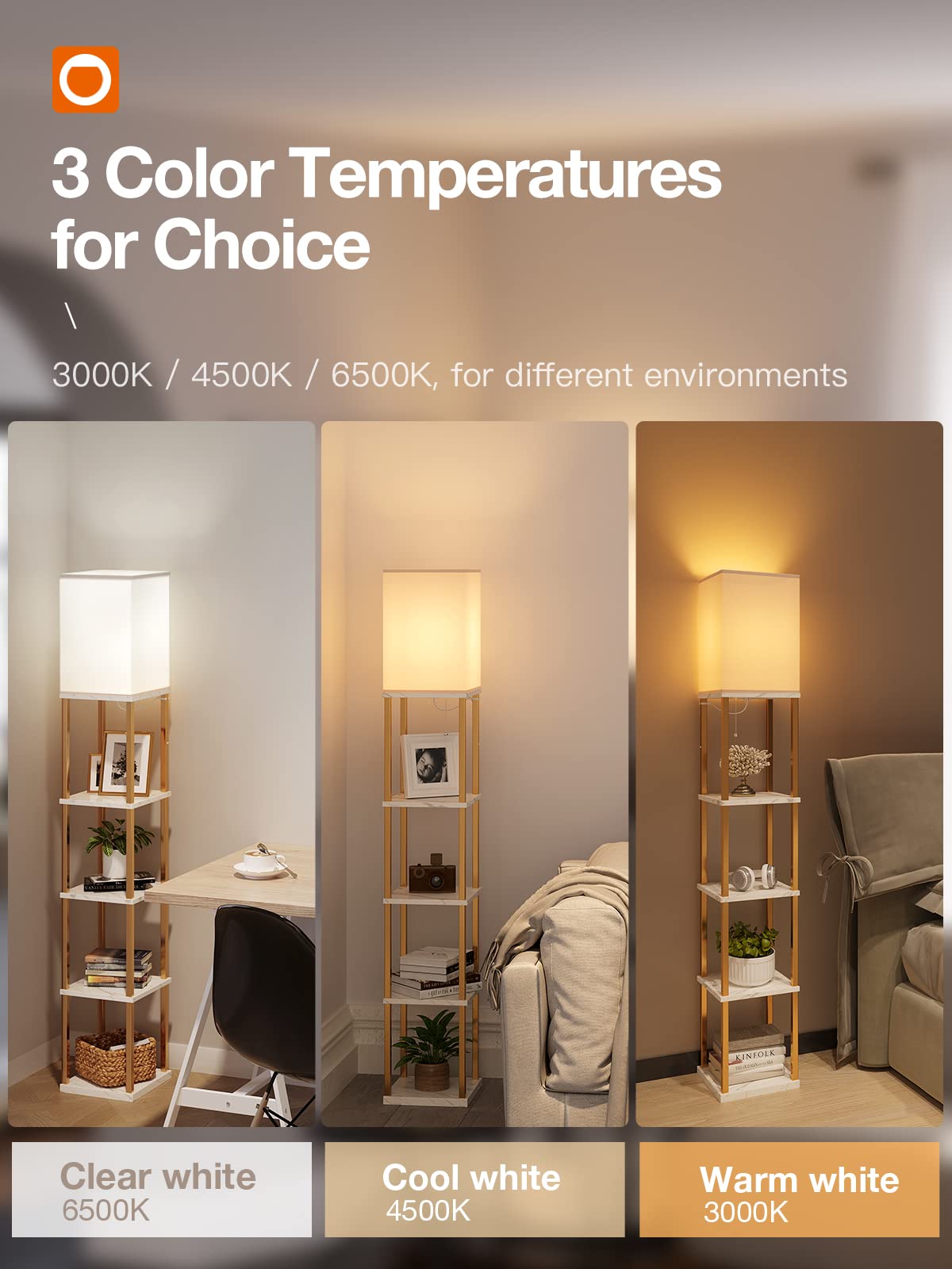 Addlon 5-Tier Modern Shelf Floor Lamp with 3CCT LED Bulb - Marble Texture & Gold Frame Display Lamp for Living Room, Bedroom, Office - Perfect for Reading, Decor & Ambient Lighting