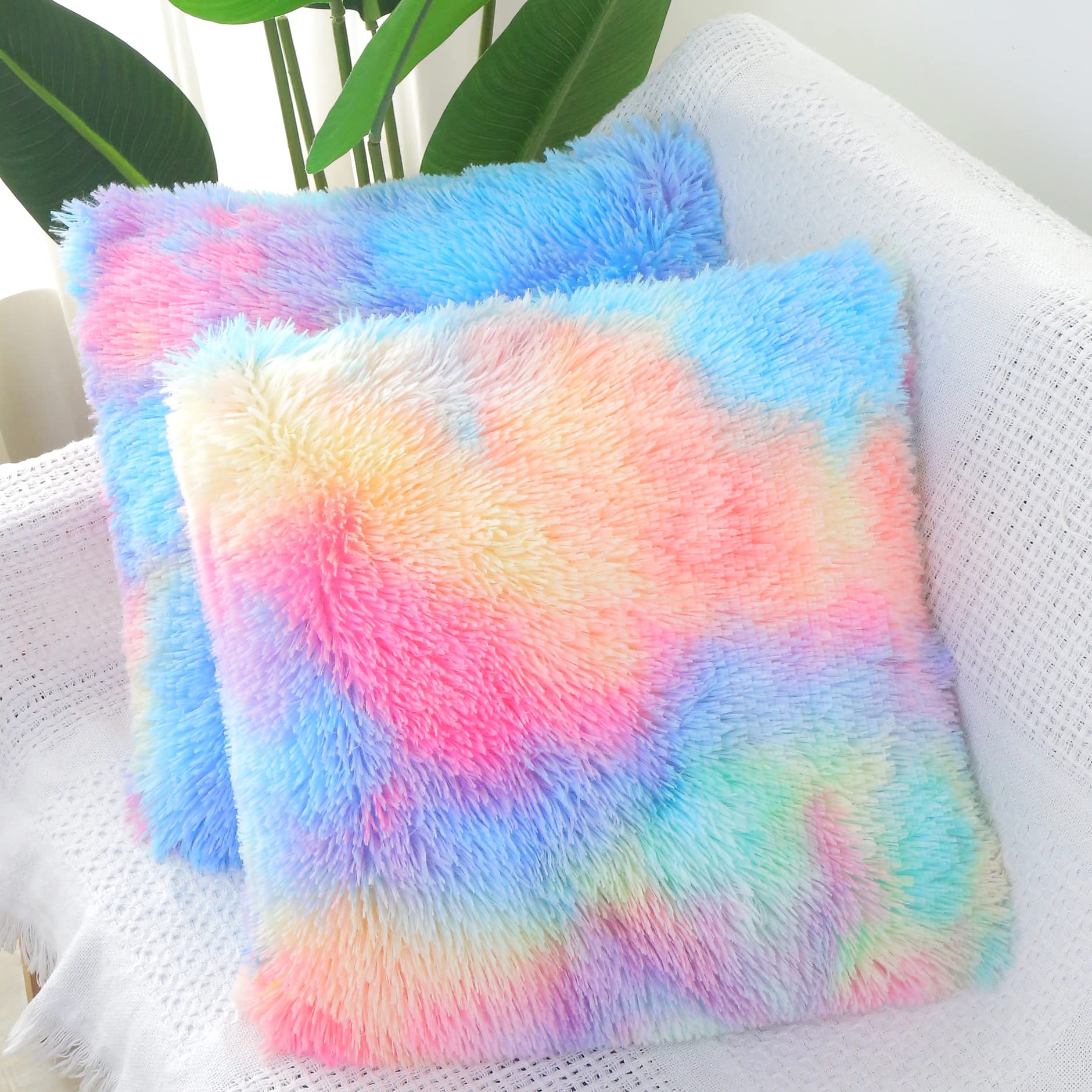 Fluffy Faux Fur Throw Pillow Covers Set of 2 - 18x18 Inch Soft Rainbow Pink Square Decorative Cushions for Girls Bedroom, Sofa & Couch - Perfect for Teen Room Decor, Cozy Reading Nook and Instagrammable Home Aesthetics