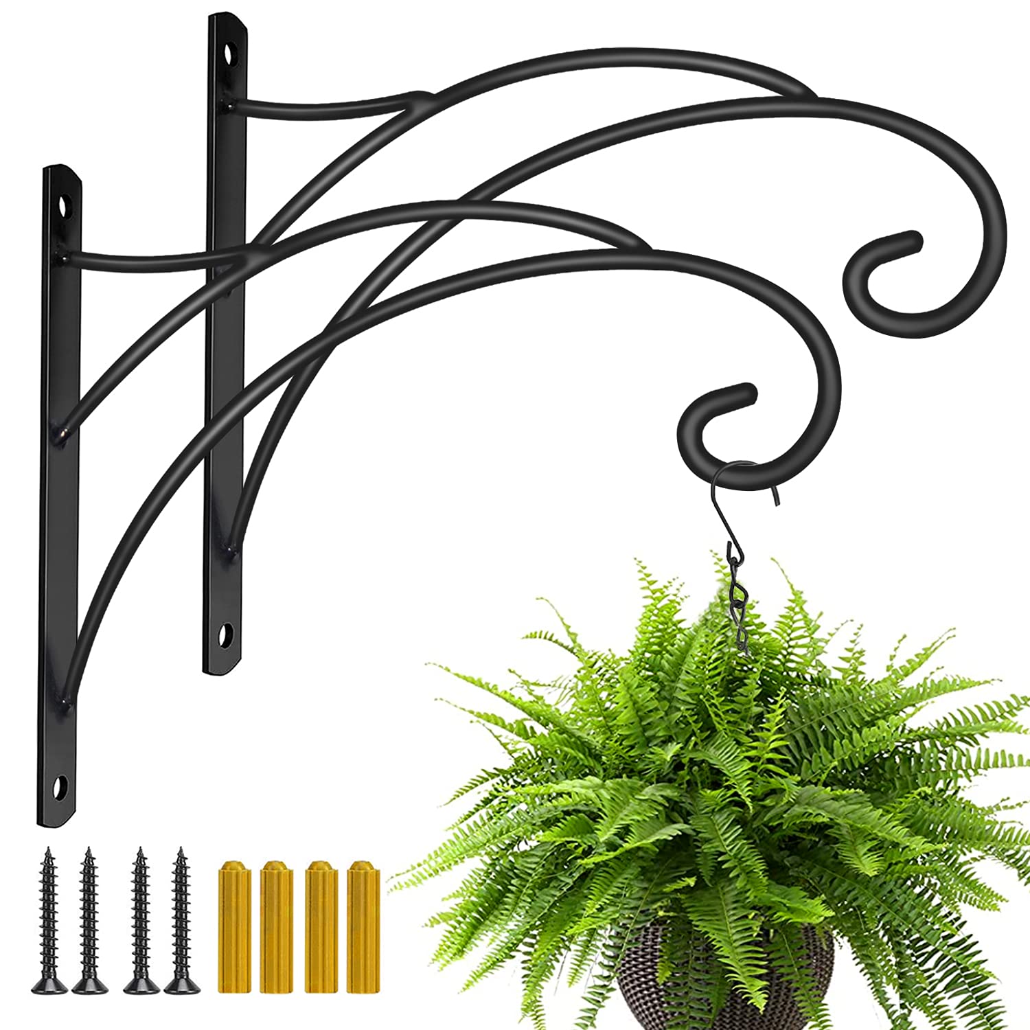 Durable Iron Hanging Plant Brackets - Pack of 2 Weather-Resistant Outdoor Hooks for Plants, Lanterns & Wind Chimes - Includes Screws - Perfect for Porch, Garden & Patio Decor