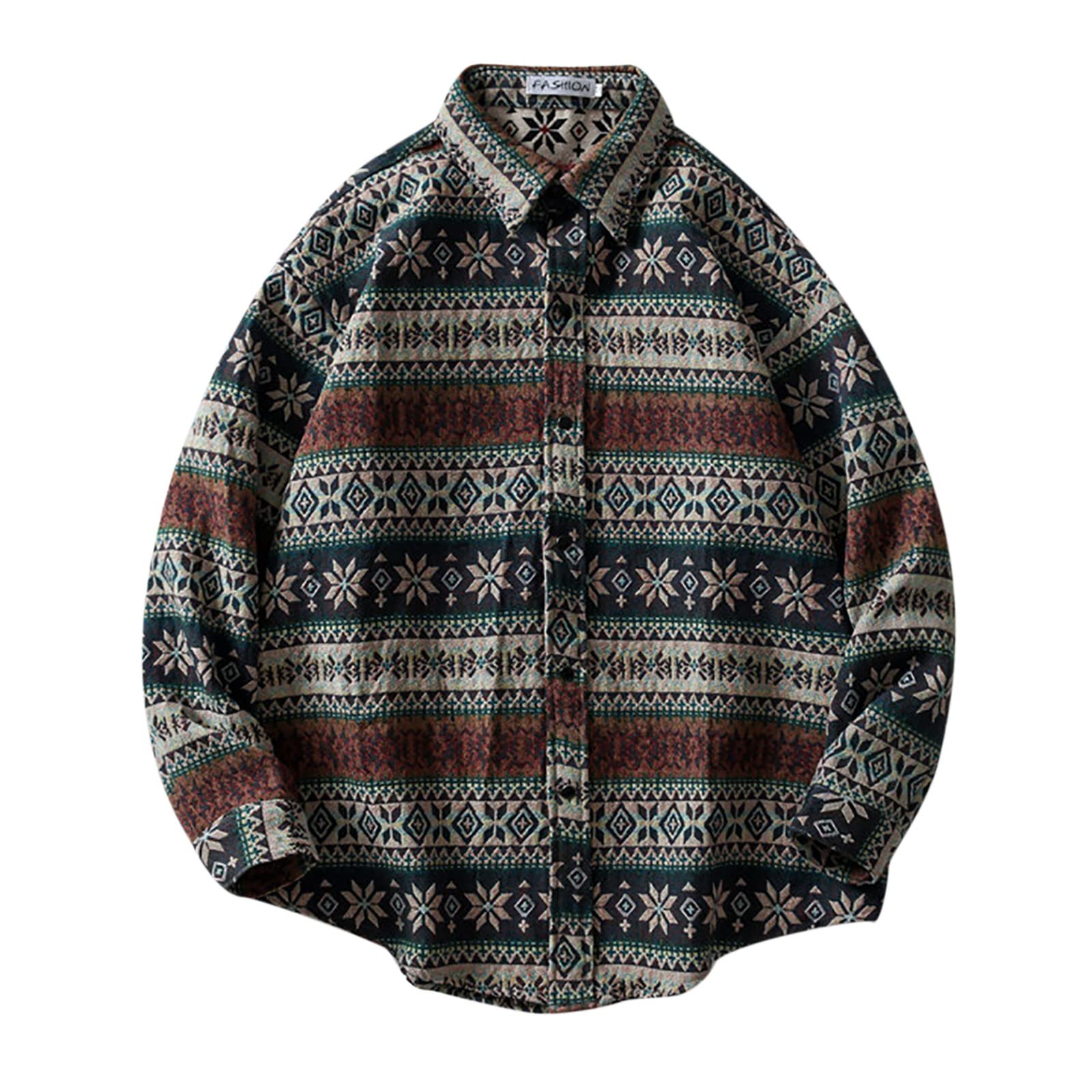 Stylish Men's Ethnic Geometric Floral Print Button-Up Shirt - Long Sleeve Loose Fit Casual Blouse for Spring - Perfect for Office Wear, Date Night & Outdoor Activities