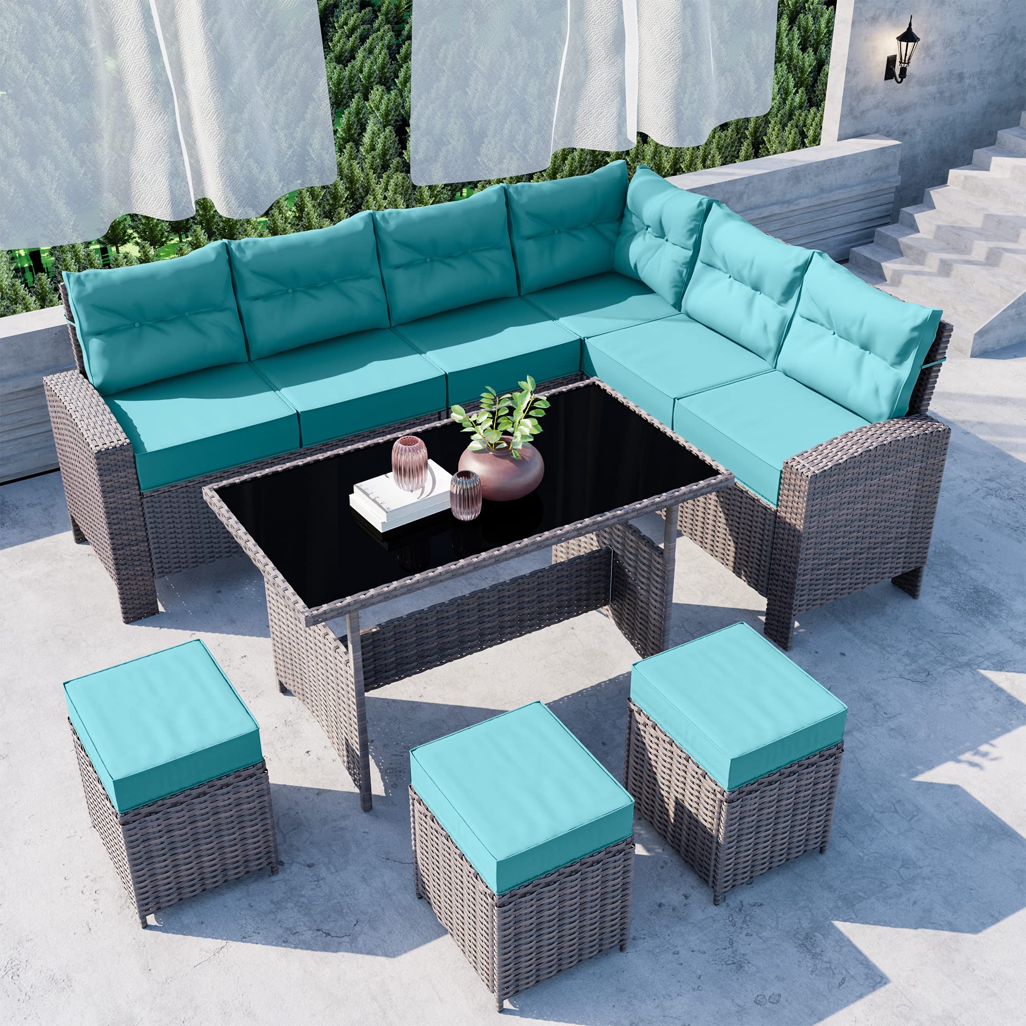 Delnavik 7-Piece Outdoor Patio Furniture Set - All-Weather Wicker Rattan Dining Table with Chairs & Sectional Sofa Conversation Set - Includes Cushion Seats & Pillows (Blue) - Perfect for Backyard, Garden, Poolside or Terrace Relaxation