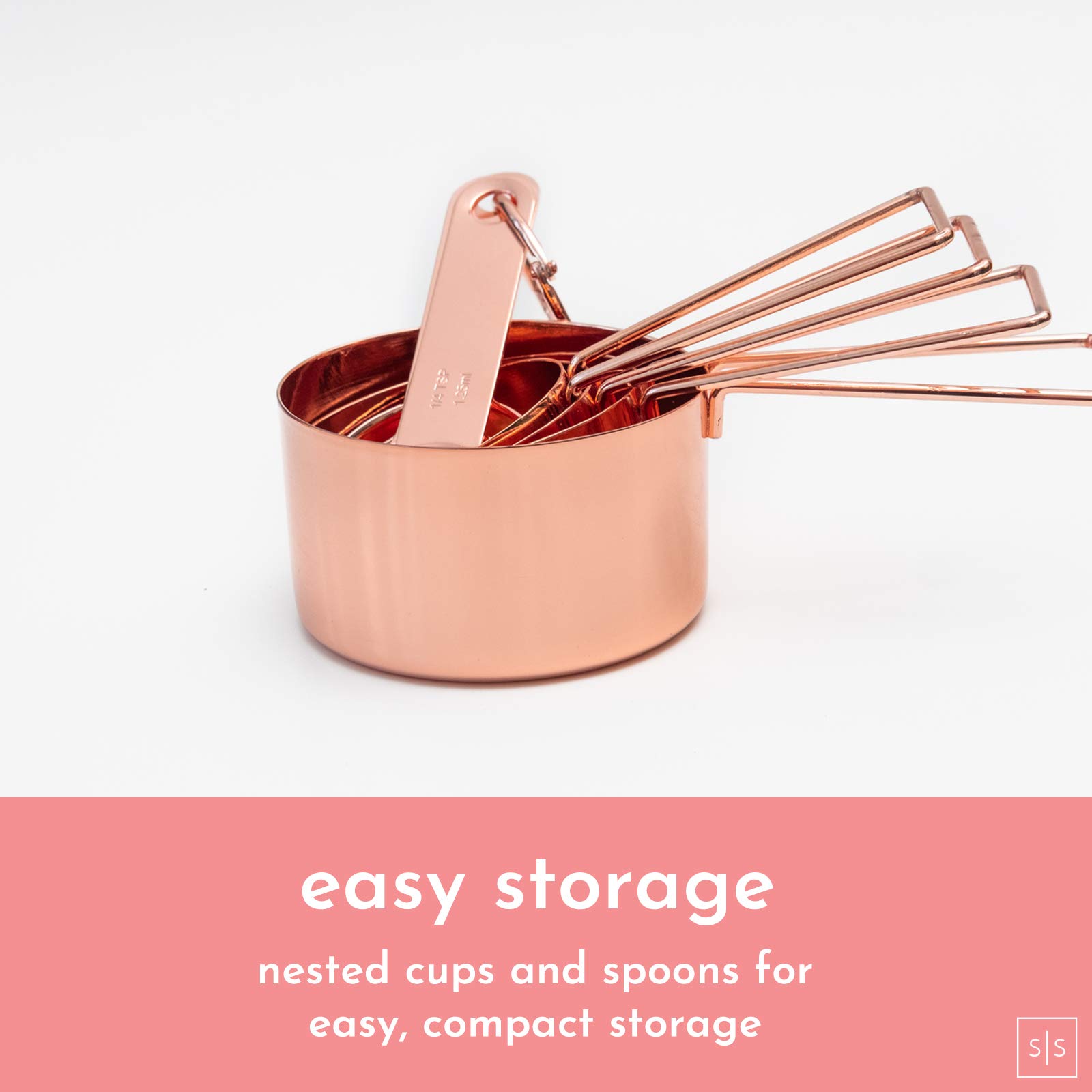 White and Copper Utensil Holder with 8-Piece Measuring Cups & Spoons Set - Elegant Rose Gold Kitchen Organizer for Baking, Cooking, and Countertop Storage | Perfect for Home Chefs and Gift Giving