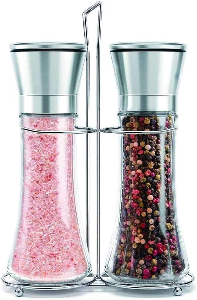 Premium YLLLLY Salt and Pepper Mill Set with Stainless Steel Stand - Adjustable Coarseness, Refillable Ceramic Grinder with Durable Glass Bottle - Perfect for Kitchen, Dining Table & Gourmet Cooking