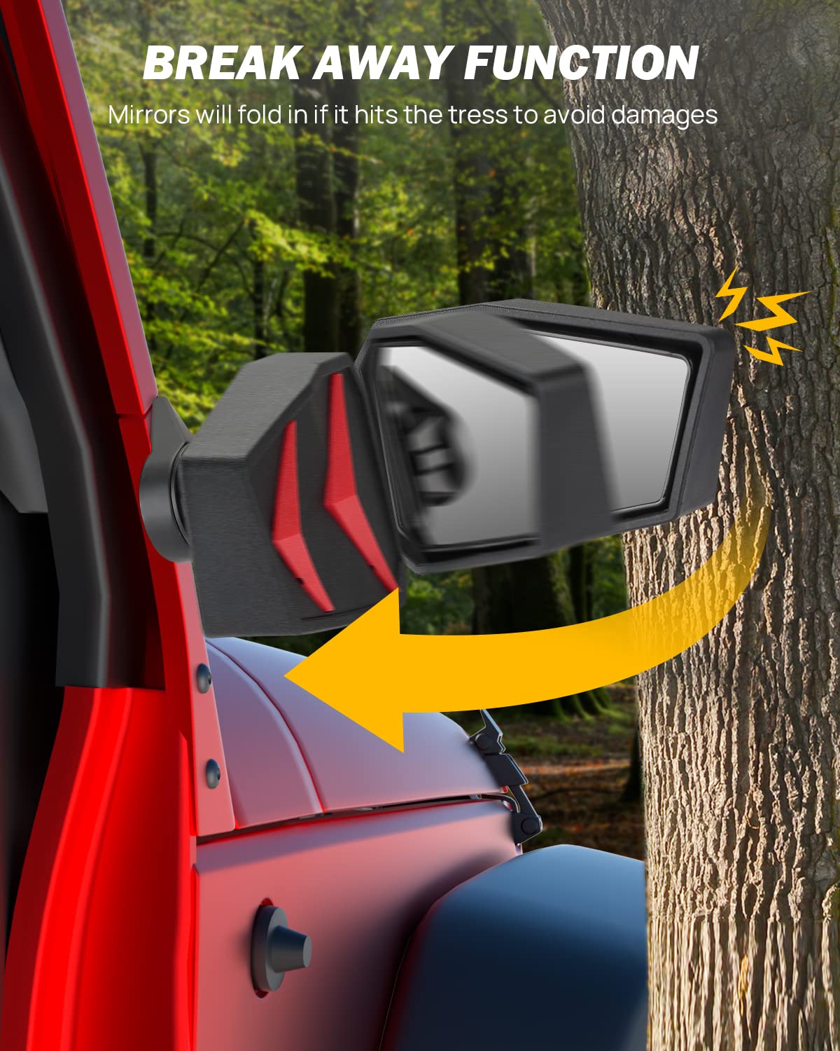 1997-2018 Jeep Wrangler JK TJ Side Mirrors - Anti-Shake Quick Install with Black/Orange/Blue/Red Inserts for Doors Off Safe Driving (Does Not Fit JL) | Off-Roading & Adventure Accessories