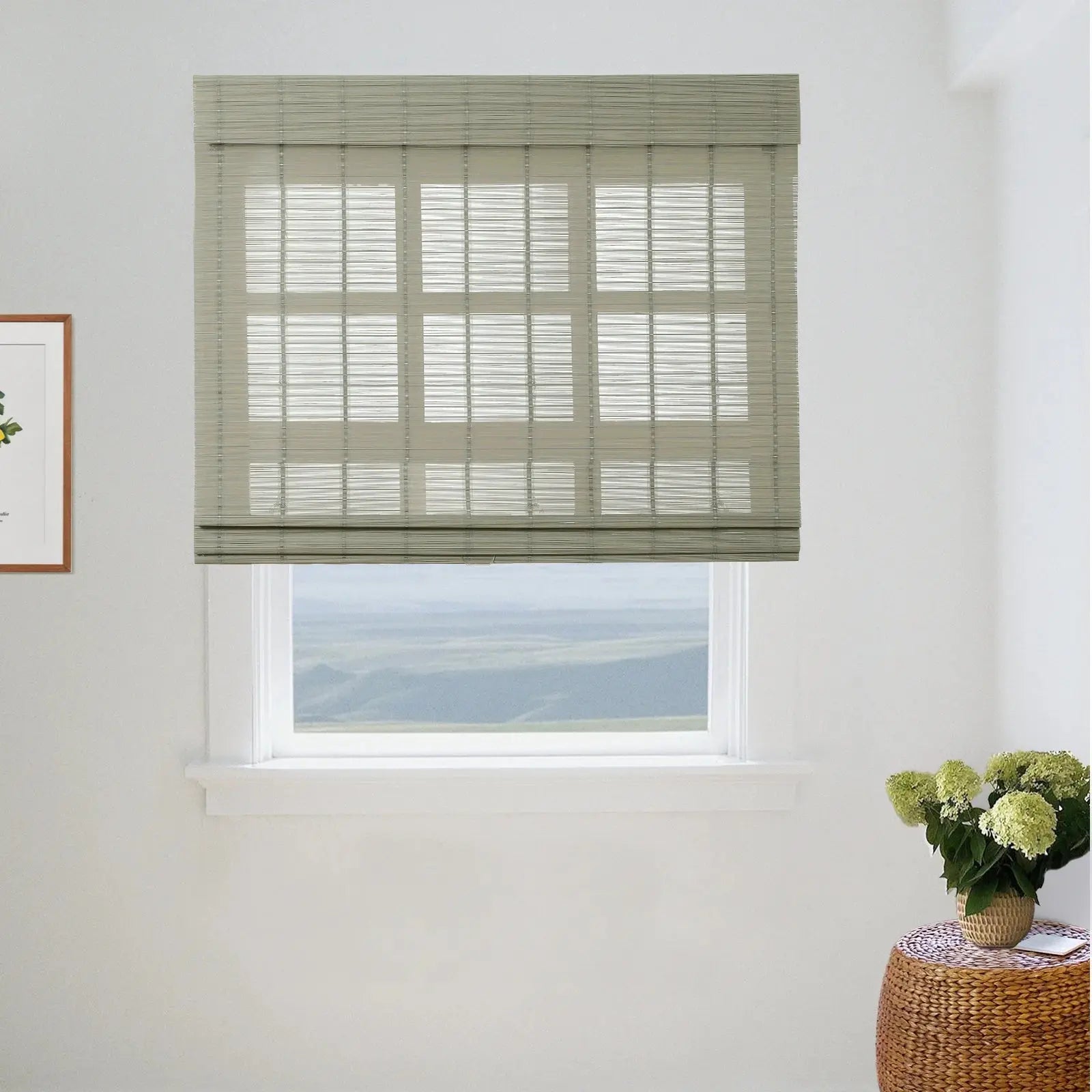 Sybil Bamboo Roman Shade in Green Haze - Natural Eco-Friendly Window Treatment for Living Room & Bedroom