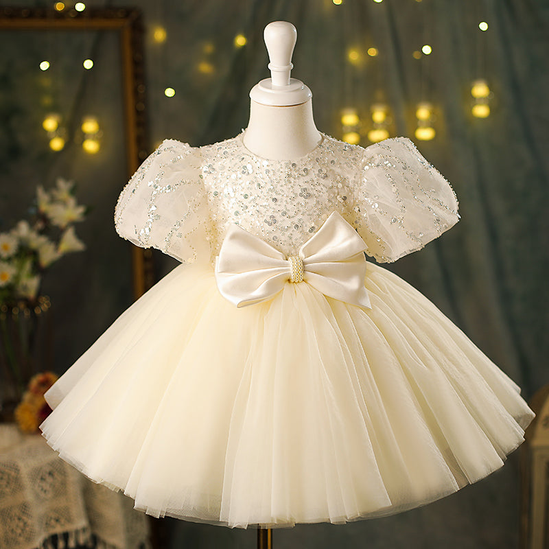 Sparkly Champagne Sequin Tulle Princess Flower Girl Dress with Bow - Perfect for Weddings, Pageants & Special Occasions
