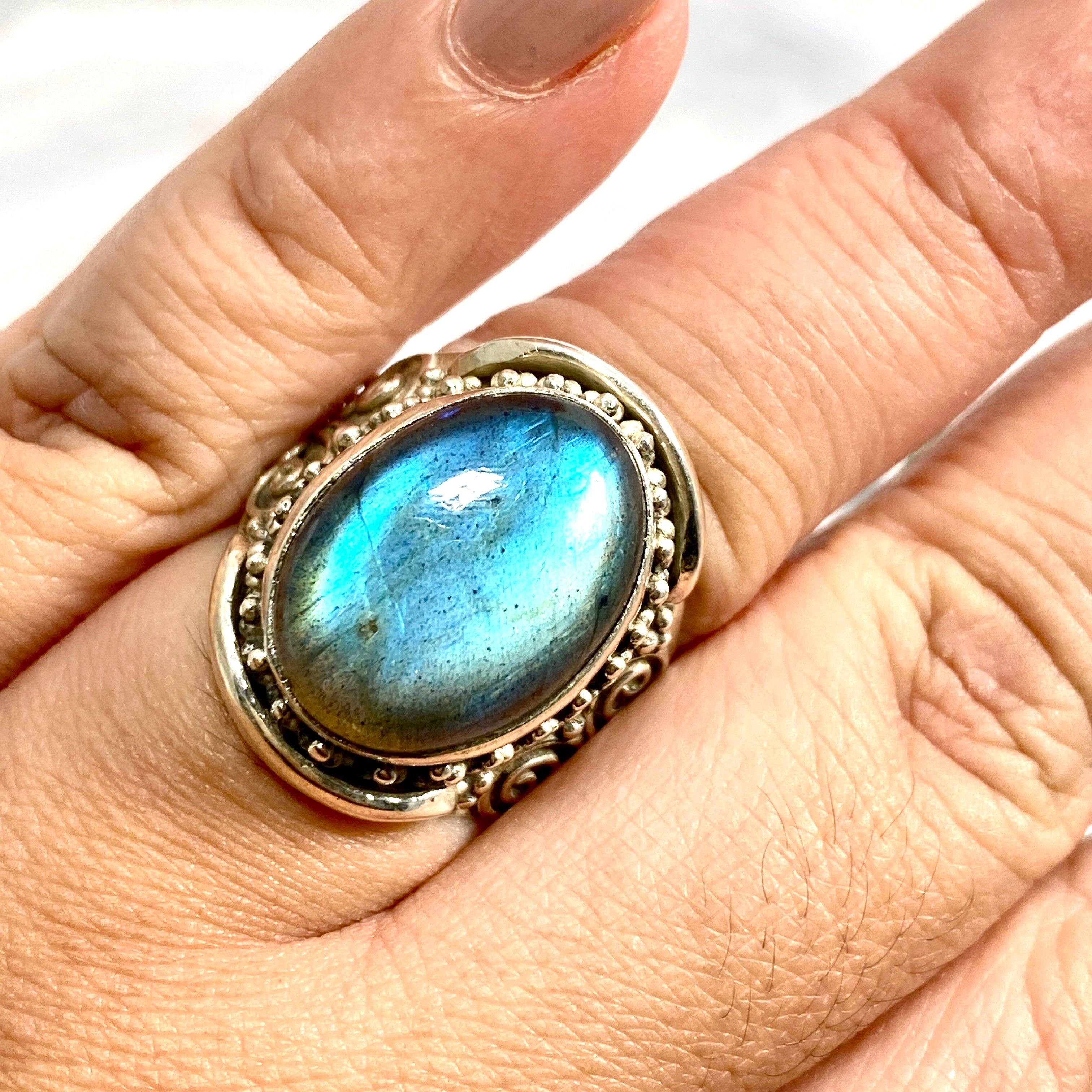 Boho Style Labradorite Oval Ring - Size 11 - Handmade Sterling Silver Jewelry - KRGJ2771 | Perfect for Festival, Wedding & Everyday Boho Fashion