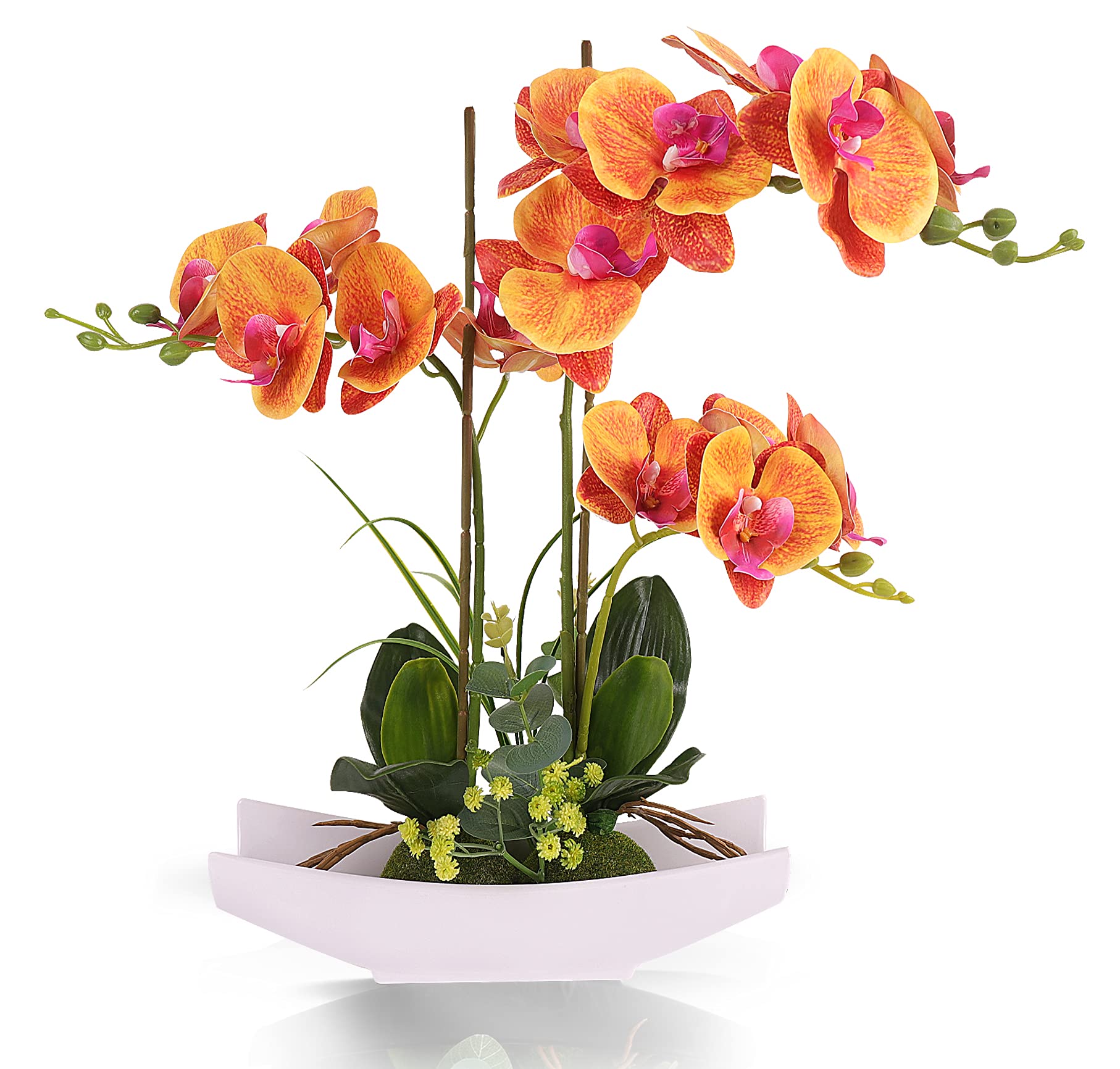 YOBANSA Real Touch Silk Orchid Artificial Flowers with Flower Pots - Lifelike Phalaenopsis Fake Orchid Floral Arrangement for Home Decor, Wedding Centerpieces & Office Desk Decor (Orange)