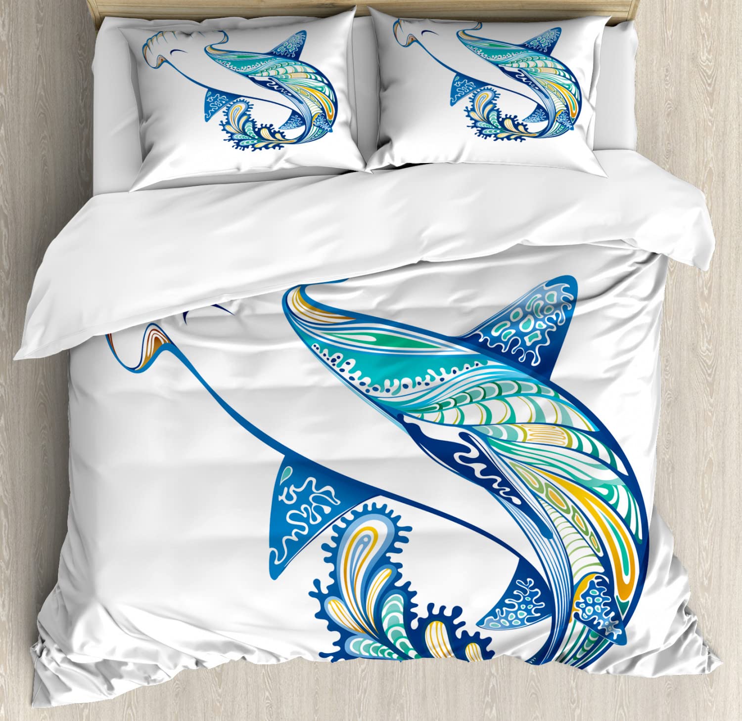 Ambesonne Abstract Hammerhead Shark Duvet Cover Set - Underwater Ocean Marine Theme Bedding, 2 Duvet Covers & 4 Pillowcases, 2-Pack California King Size in Blue Aqua - Perfect for Shark Lovers' Bedrooms & Ocean-Themed Home Decor