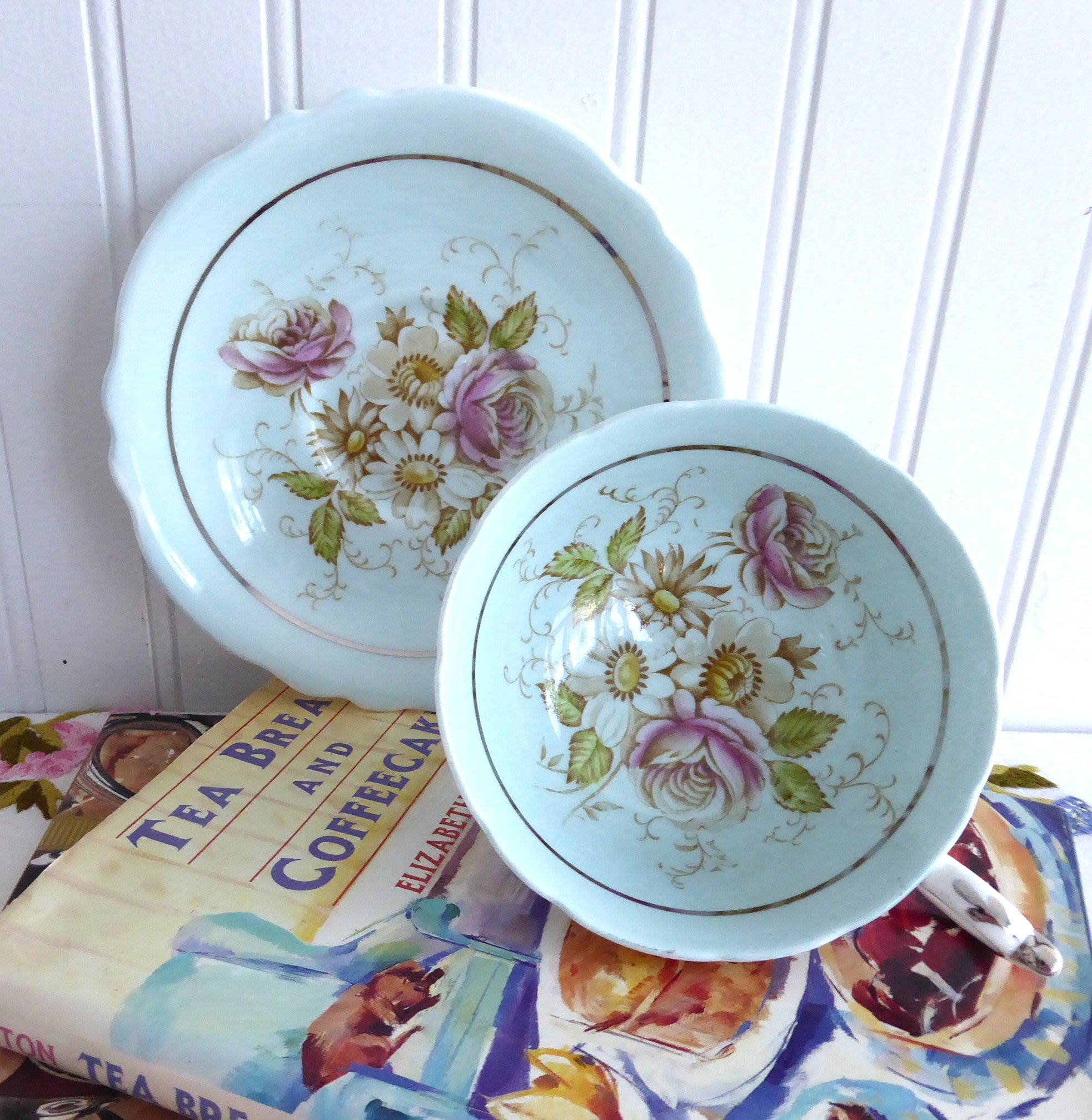 Vintage 1940s Hand-Painted Floral Paragon Cup and Saucer Set - Robin's Egg Blue with Platinum Trim | Elegant Tea Time, Bridal Shower, and Antique Collectible