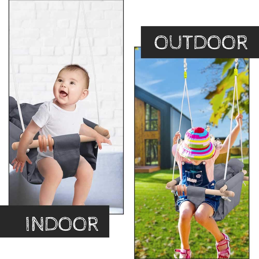 Baby Canvas Hanging Swing Seat with Safety Straps - Wooden Horse Swing for Toddlers - Indoor & Outdoor Hammock Toy for Kids (Grey) - Perfect for Nursery, Backyard, and Playroom Fun