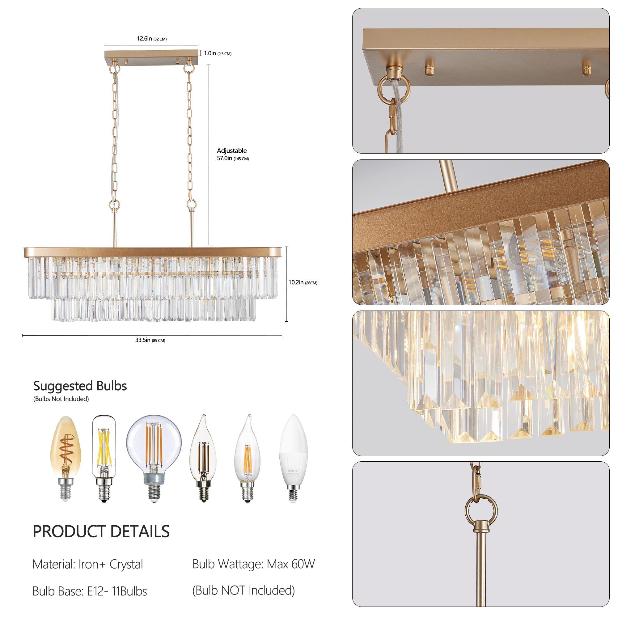 Modern Rectangular Crystal Chandelier - Adjustable E12 Industrial Farmhouse Ceiling Light with Iron Frame in Gold (Bulbs Not Included) - Perfect for Kitchen, Living Room, Bedroom & Dining Room Lighting