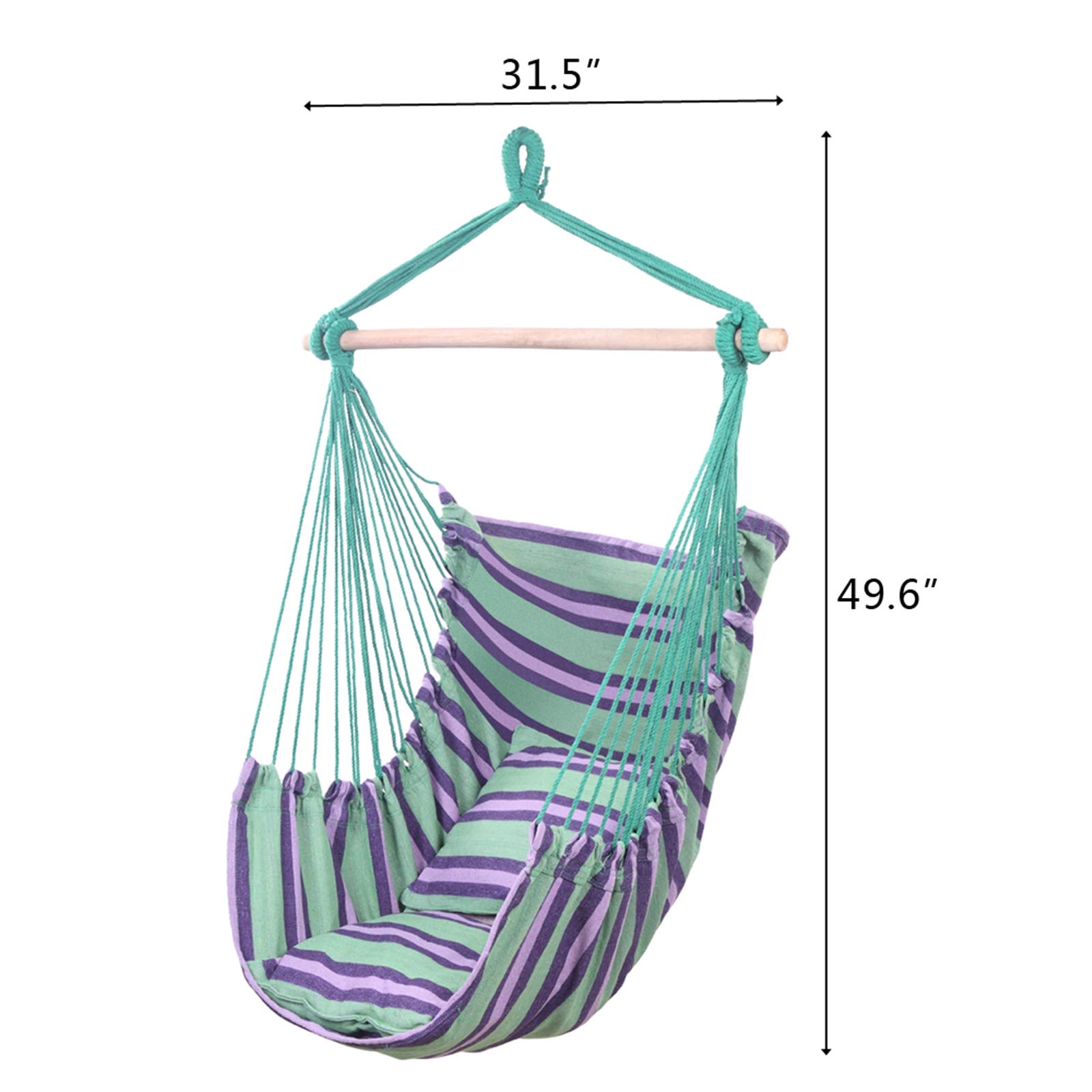 Hanging Rope Swing Chair - Comfortable Hammock Chair for Adults, Indoor/Outdoor Use with 2 Seat Cushions (Green) - Perfect for Bedroom, Porch, Garden, Patio & Yard Relaxation