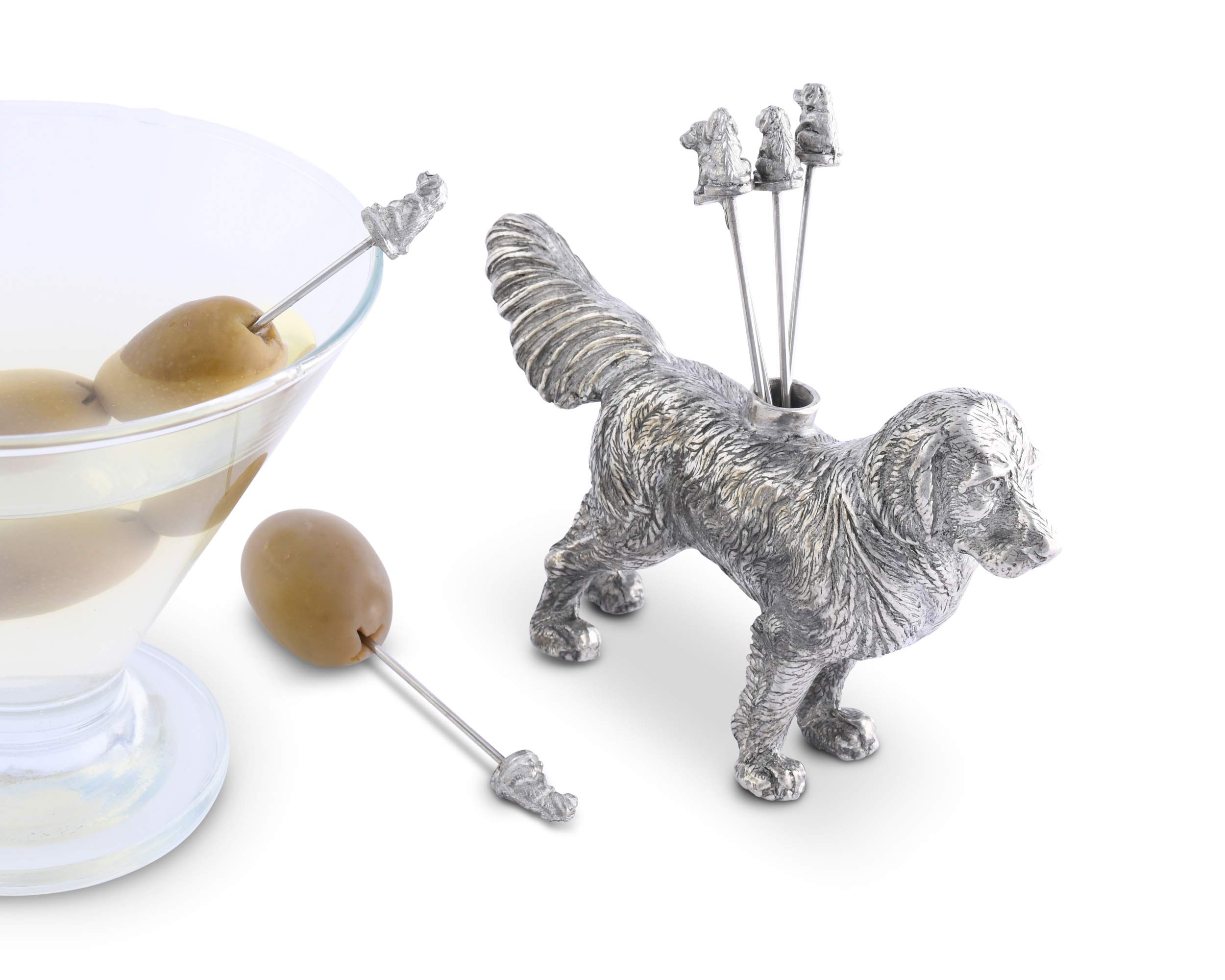 Vagabond House Stainless Steel Dog-Themed Cocktail Picks Set - 6 Pewter Retriever Skewers for Cheese, Olives & Fruit (4 inch) | Perfect for Parties, Home Bars & Entertaining