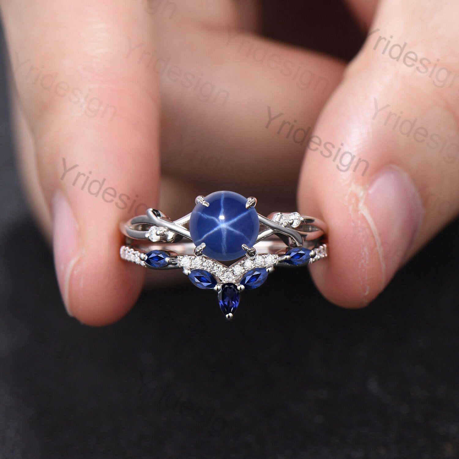 7mm Round Star Sapphire Engagement Ring Set - Nature Inspired Branch Twig Blue Sapphire Wedding Ring - Unique Leaf Design Anniversary Promise Ring for Women - Perfect for Proposals, Weddings & Romantic Gifts