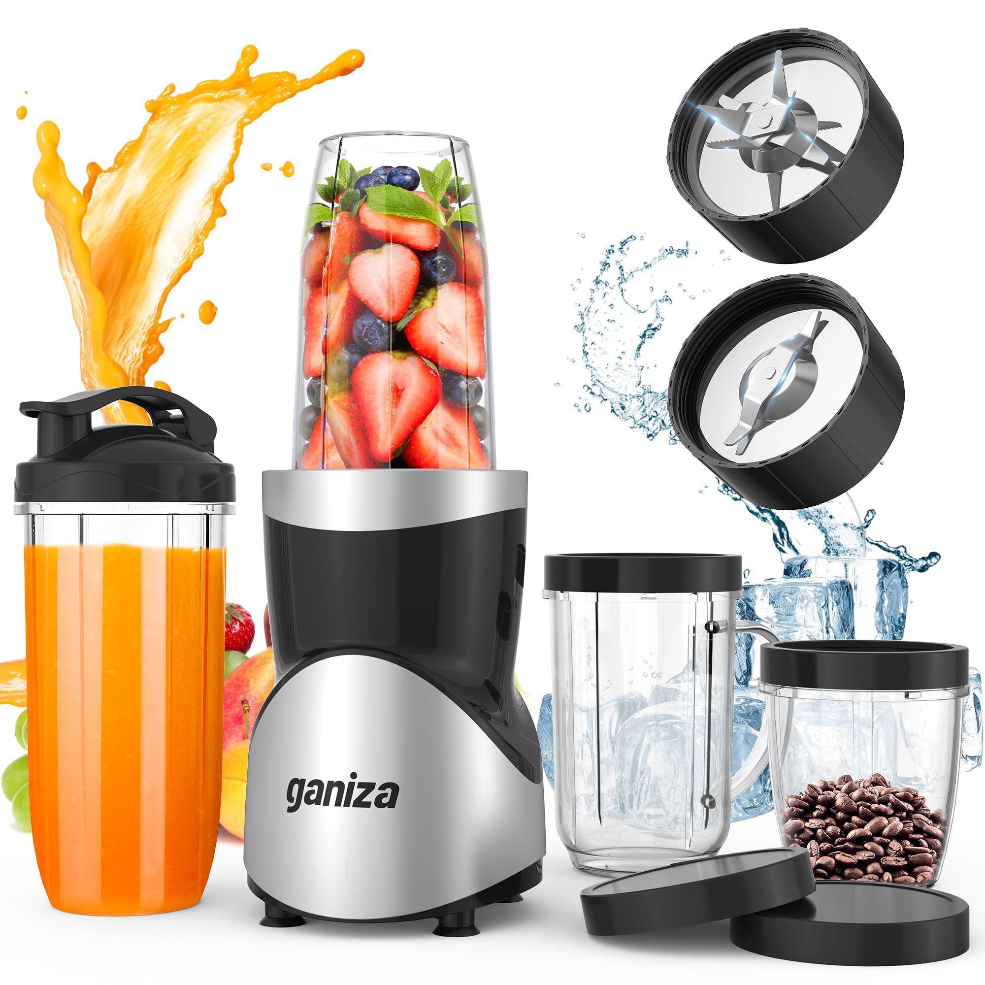Ganiza 1500W High-Speed Smoothie Blender with 15-Piece Combo - Professional Blender & Grinder for Protein Shakes, Juices, Nut Butters & Coffee - Includes 4 BPA-Free Travel Cups - Perfect for Kitchen, Gym & Healthy Lifestyle
