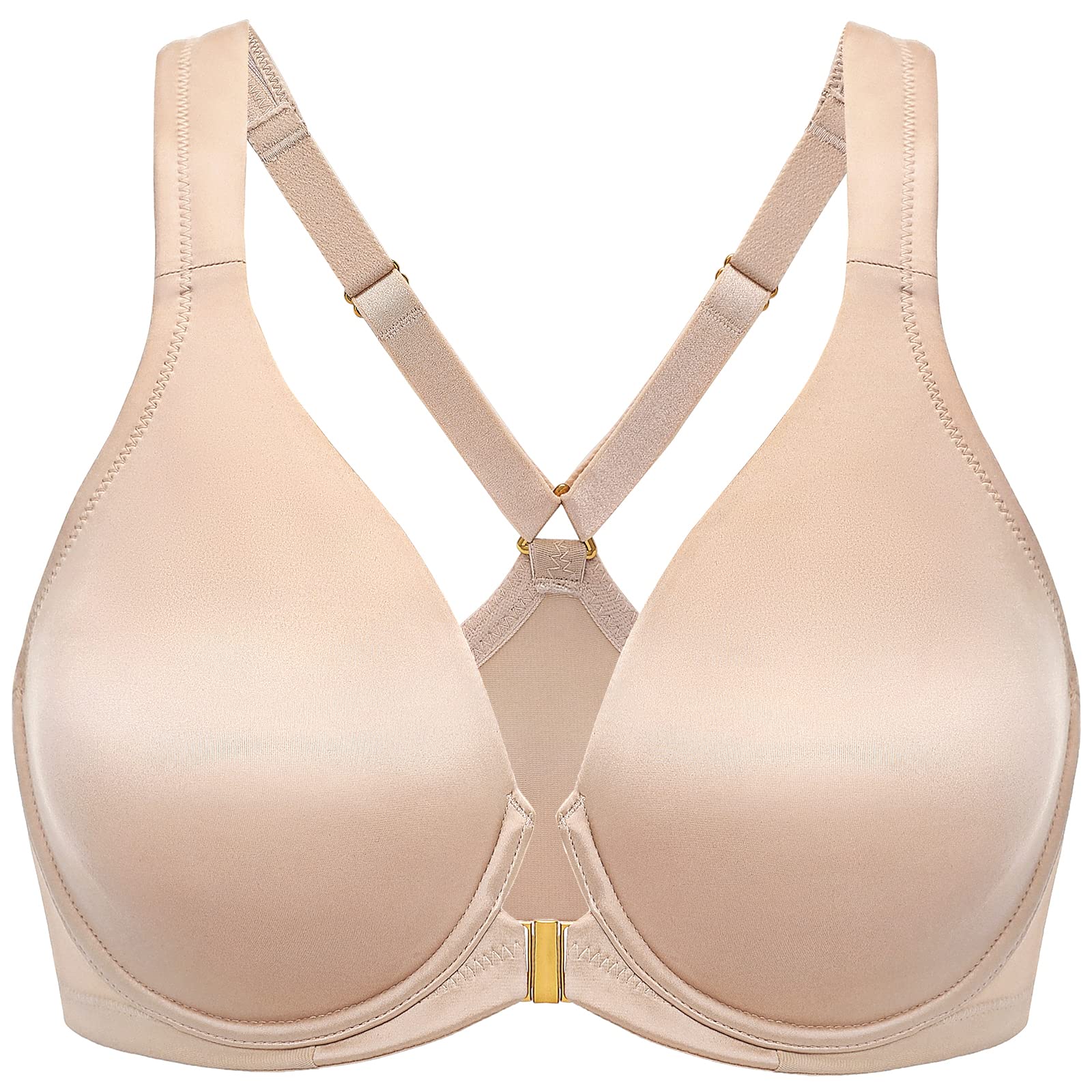 DELIMIRA Women's Front Closure Racerback Bra - Seamless Plunge Underwire Unlined Bras for Yoga, Workout & Everyday Comfort
