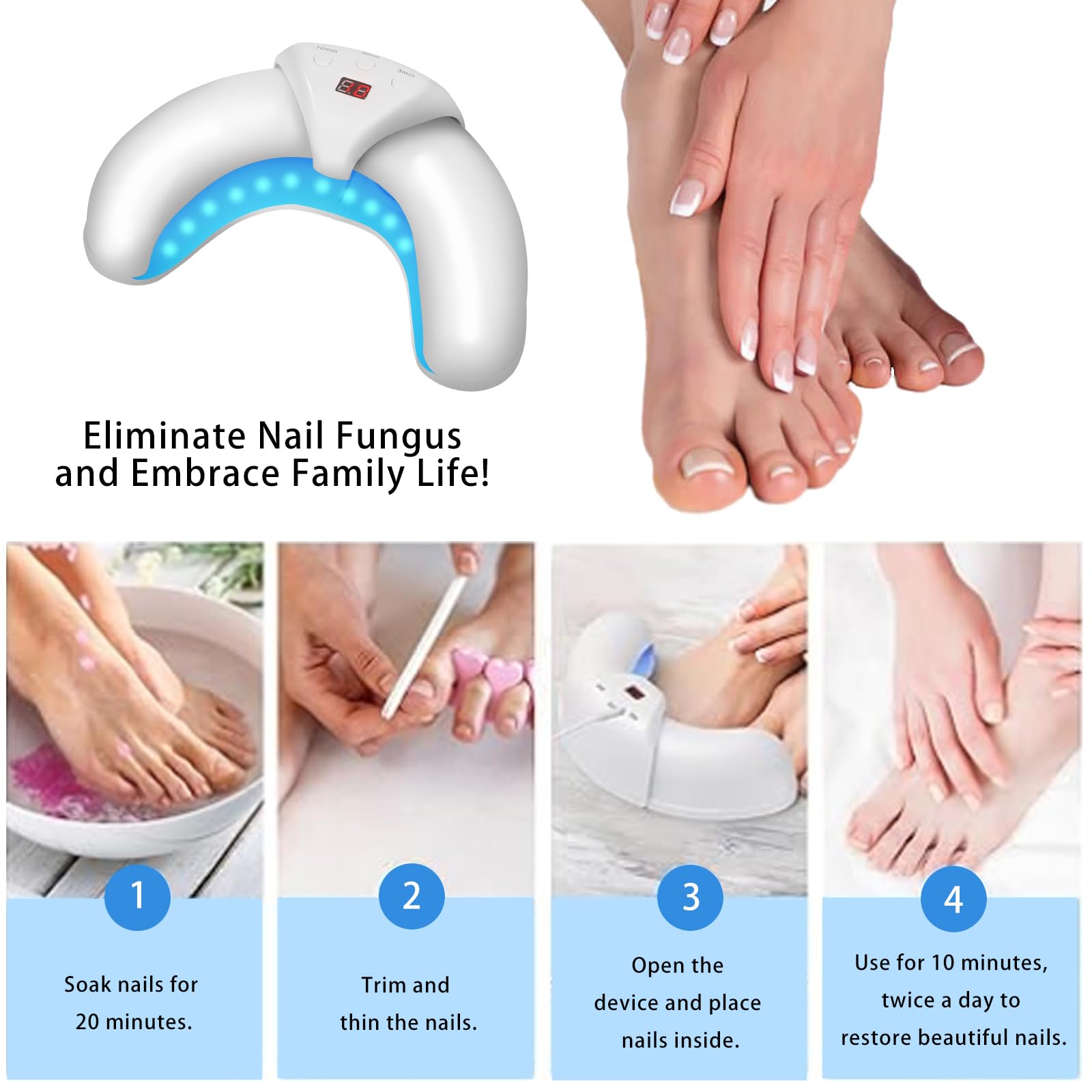 Blue Light Therapy for Nail Fungus Treatment - 470nm & 910nm Infrared LED Device for Thick, Discolored & Damaged Nails - At-Home Podiatry Care Solution for Toenail & Fingernail Health