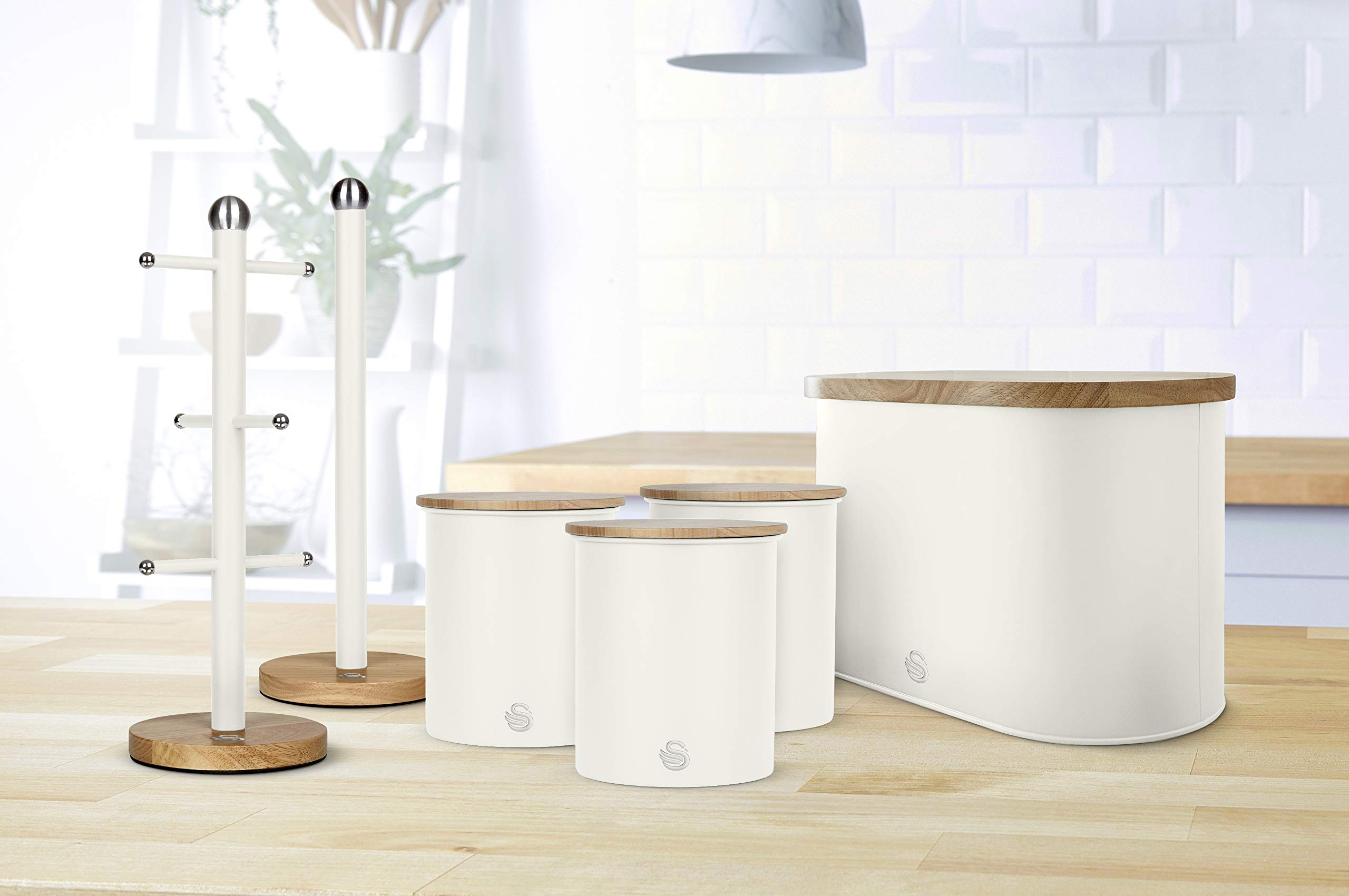 Nordic Scandi Bread Bin with Bamboo Cutting Board Lid - Swan SWKA17512WHTN | White Cotton & Steel Bread Storage Box | Perfect for Kitchen Countertop Organization & Fresh Bread Keeping