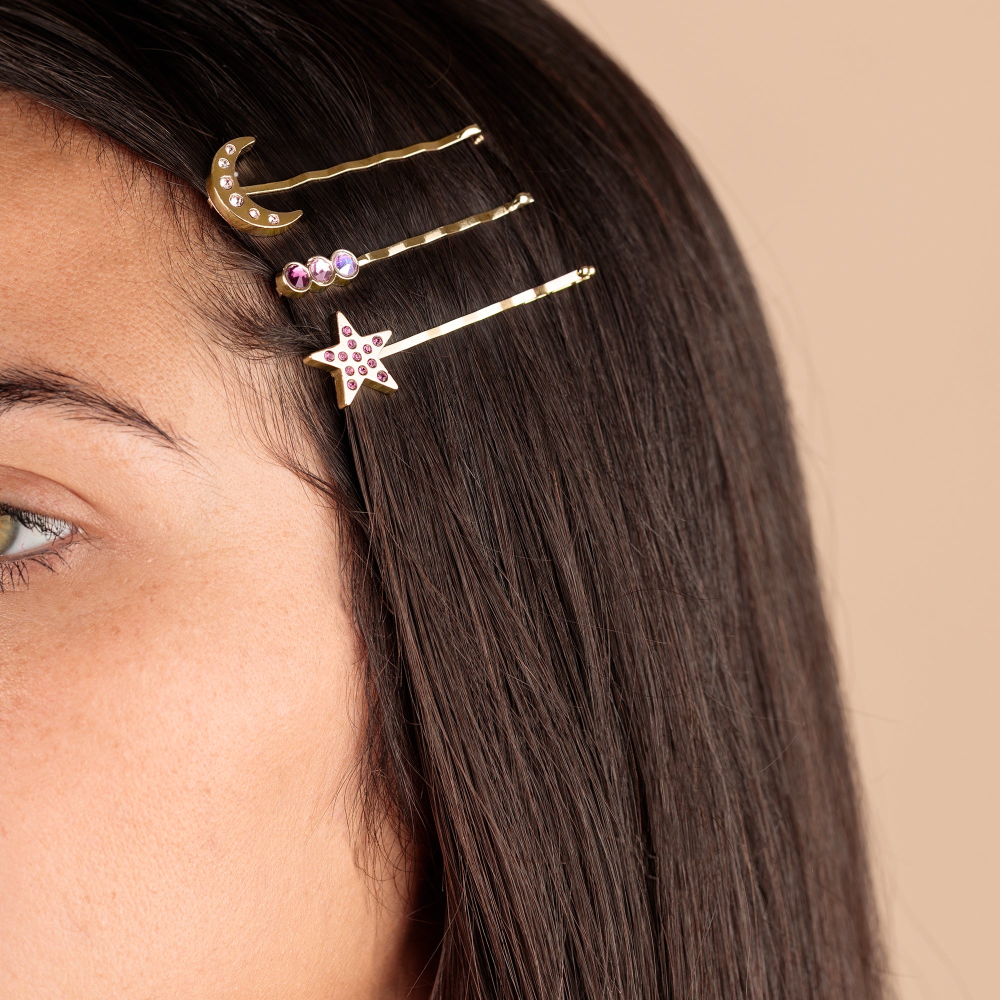 Amethyst Moon and Star Hair Pins Set of 3 - Elegant Crystal Hair Accessories for Women, Bridal Hair Jewelry, Boho Festival Hair Clips - Perfect for Weddings, Parties & Everyday Wear