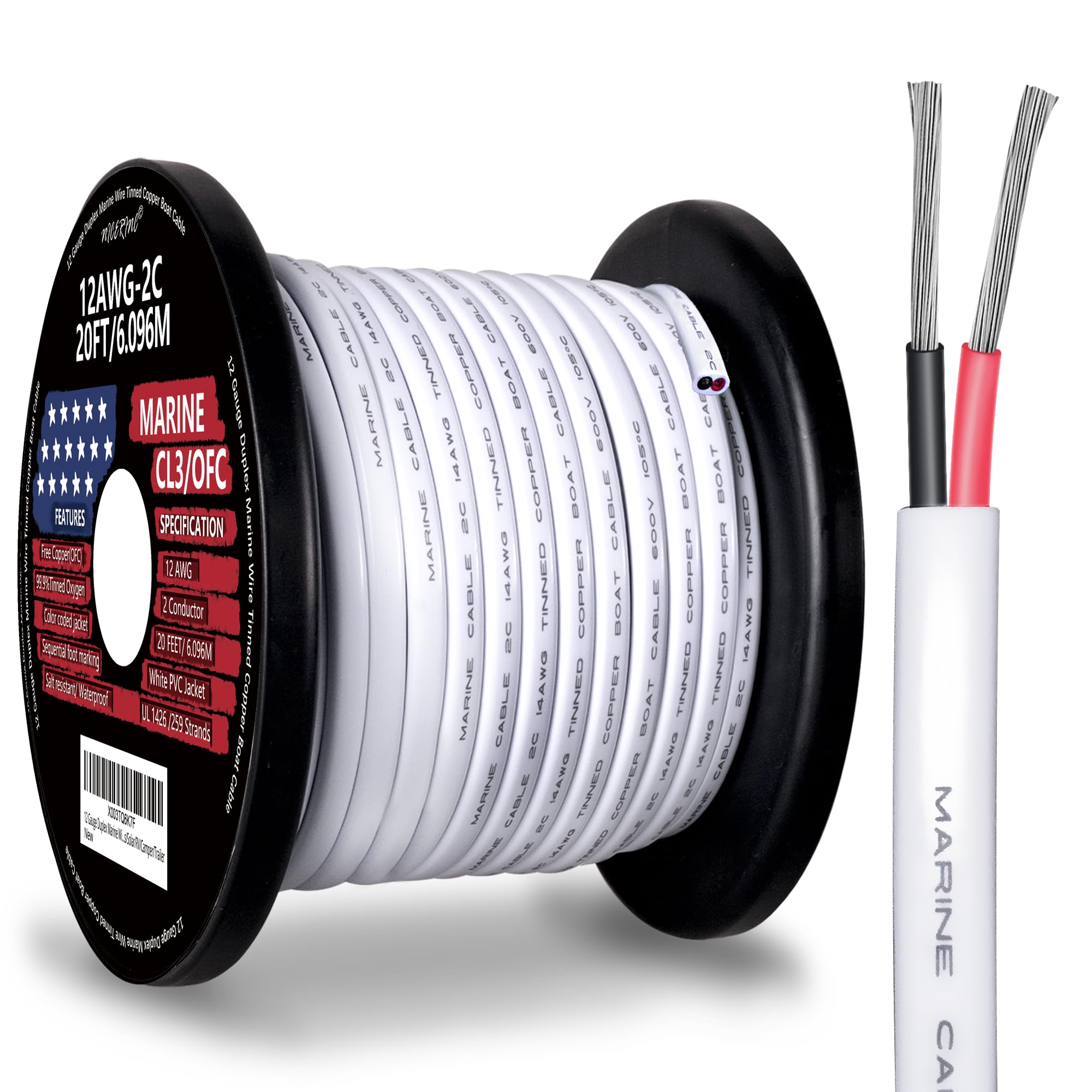 12 Gauge Duplex Marine Wire Tinned Copper Boat Cable - 20ft 12 AWG OFC Oxygen Free Copper Wire for Outdoors, Automotive, Boat, Speakers, Solar, RV, Camper, Trailer - Ideal for Marine Electronics and Harsh Weather Conditions