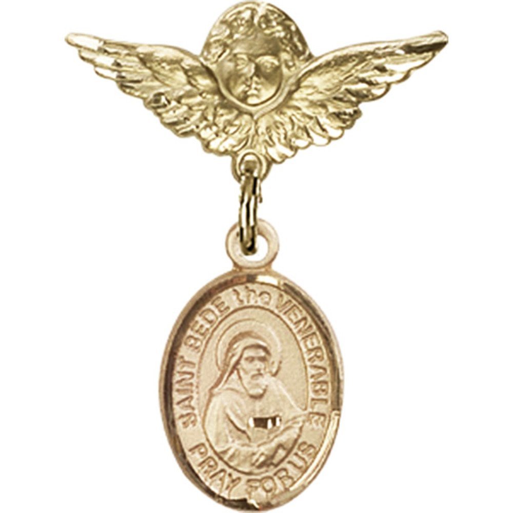 Gold Filled St. Bede The Venerable & Angel Wing Charm Baby Badge Pin - 1 X 3/4 Inch Religious Jewelry for Baptism, Christening & First Communion Gifts