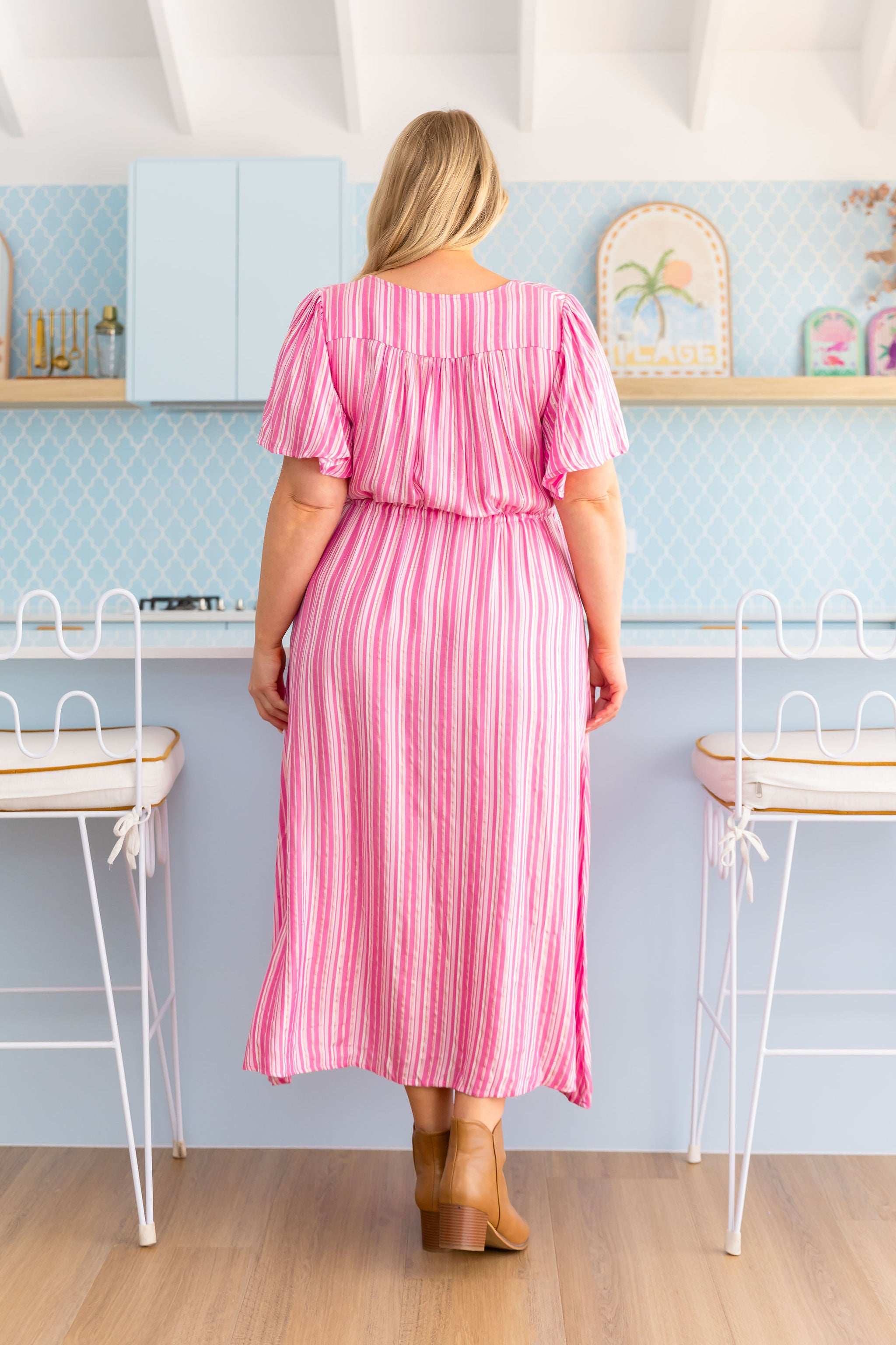 Bonita Dress in Pink & Metallic Stripe - Women's Floral Summer Dress for Beach, Party & Vacation