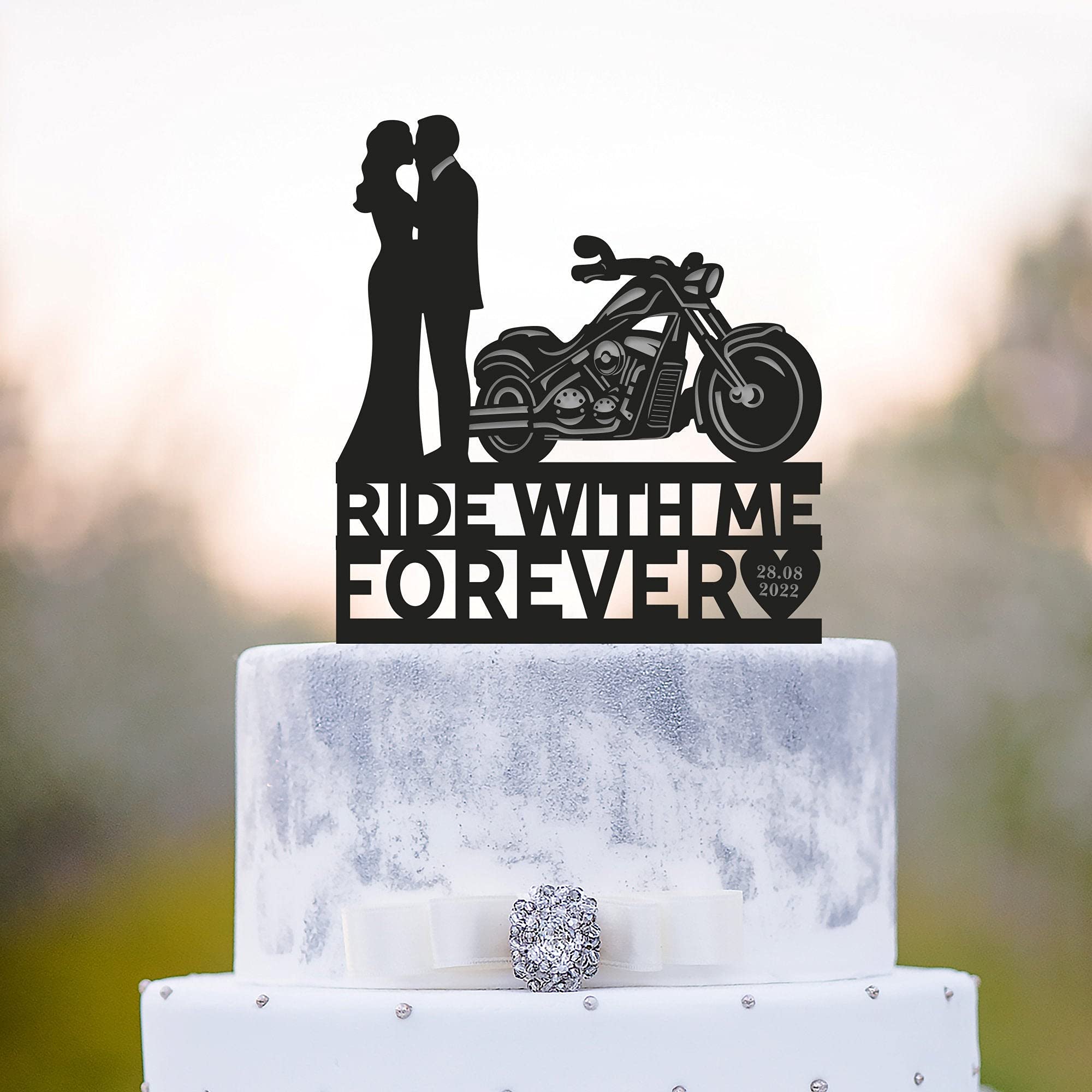 Motorcycle Bride and Groom Cake Topper - Biker Wedding Cake Decor - Ride With Me Forever Motorbike Topper A502 - Perfect for Biker Weddings, Anniversary Cakes & Motorcycle Theme Celebrations