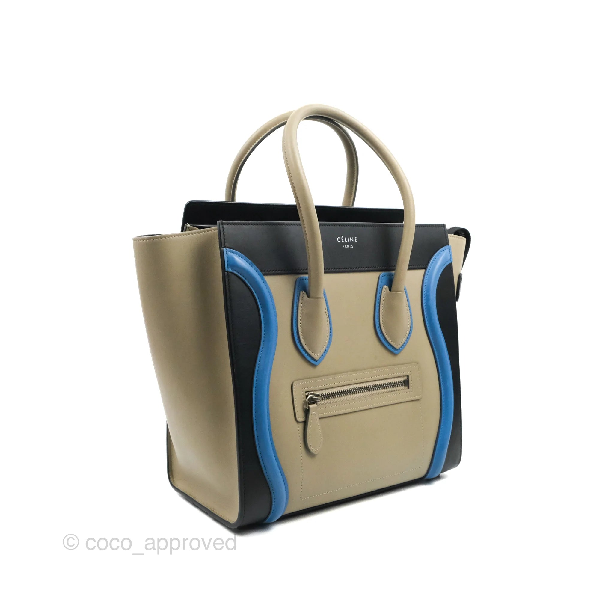 Celine Micro Luggage Bag in Taupe, Blue & Black Calfskin Leather - Perfect for Work, Travel & Everyday Luxury Handbag