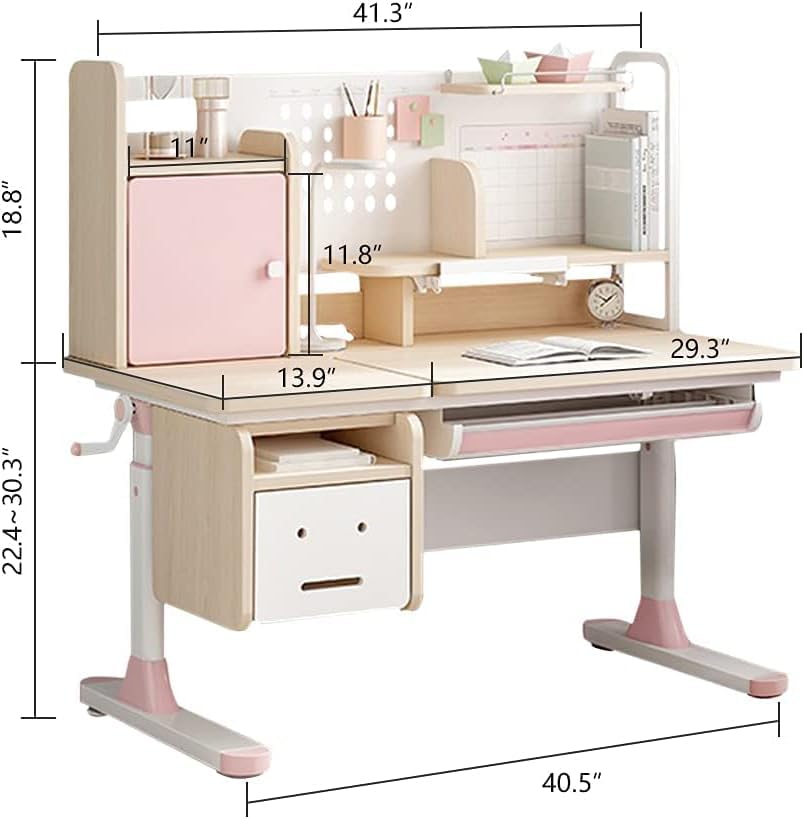 FCD Kids Desk - Adjustable Wooden Study Desk for Students with Tilt Desktop, Tablet Holder & Storage | Ergonomic Multi-Function Workstation for Homework, Drawing & Computer Use | Pink Children's Study Table with Bookshelf & Drawers | Perfect for Bedroom, Homeschool & Small Spaces