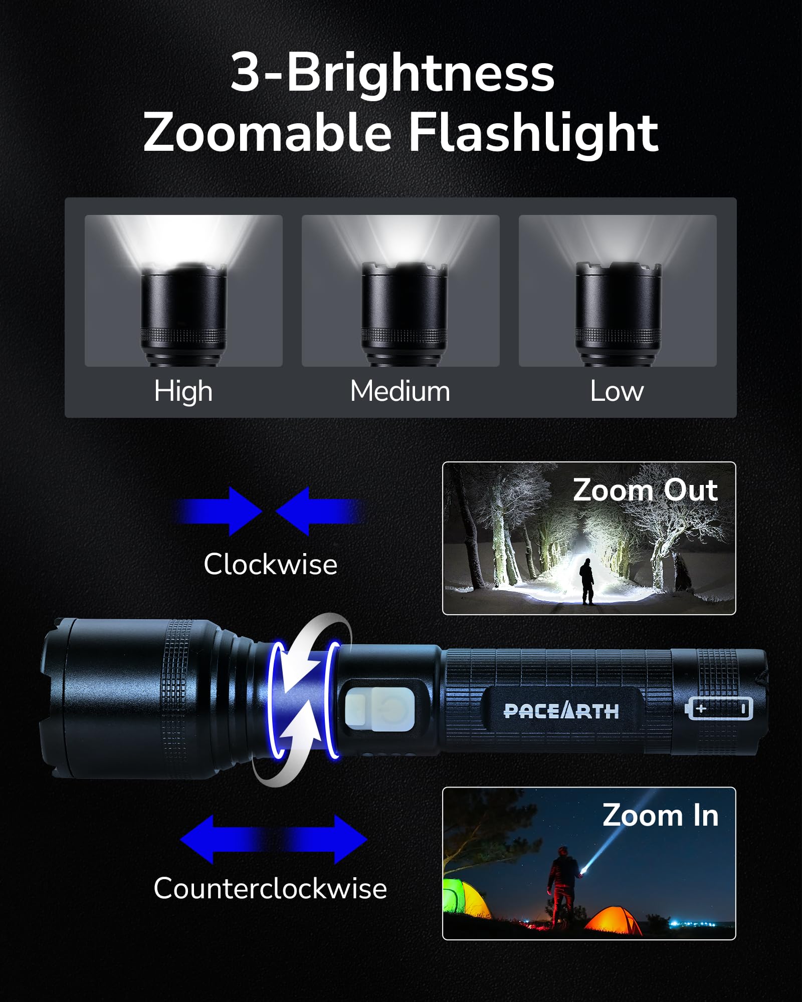 PACEARTH 2000LM Rechargeable Tactical Flashlight - High Lumens LED Flashlight with 5 Modes, Adjustable Zoom, Waterproof Design - Perfect for Camping, Hiking, Emergency & Outdoor Adventures