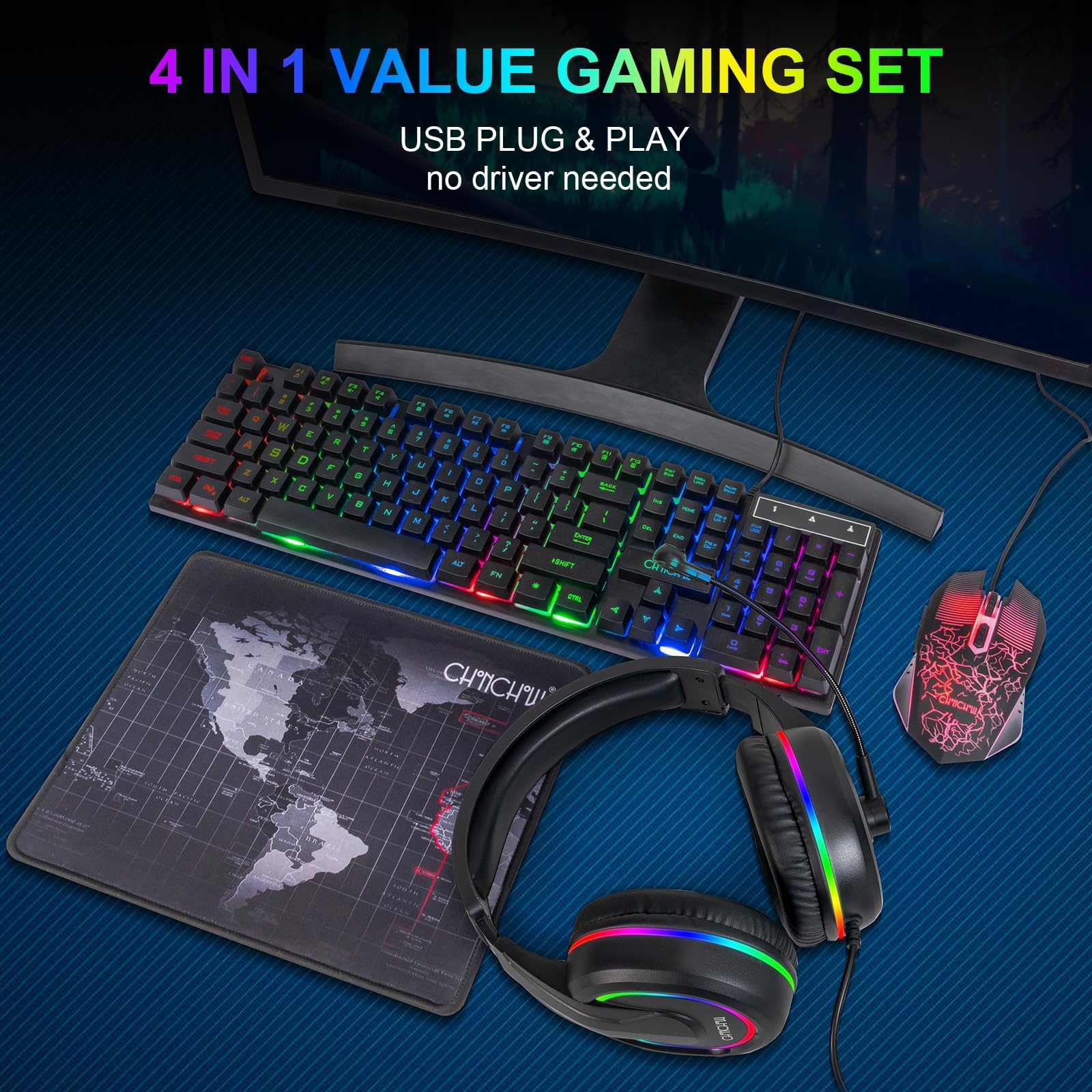 CHONCHOW RGB Gaming Keyboard, Mouse, Headset & Mousepad Combo - Wired Backlit Gaming Bundle for PC, PS4, PS5, Xbox - Perfect for Esports, Streaming & Professional Gaming Setup