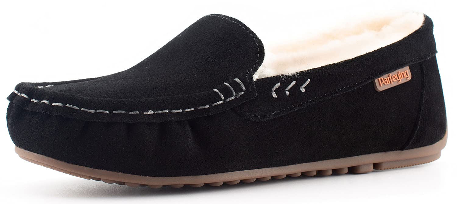 Parfeying Women's Sheepskin Moccasin Slippers - Soft Cow Suede Memory Foam Loafers for Indoor/Outdoor Wear - Cozy House Shoes for Relaxing, Driving & Casual Comfort