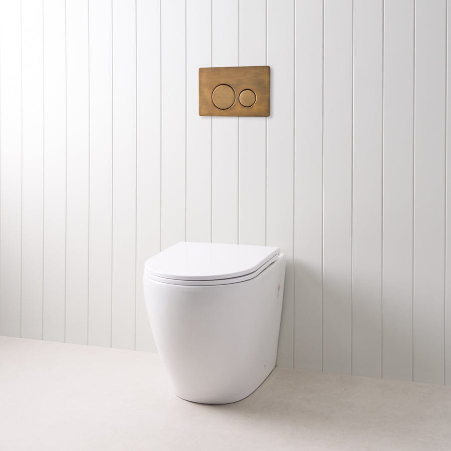 Vintage Style Curved In-Wall Toilet with Round Antique Brass Buttons - Space Saving Wall Mounted Toilet for Modern Bathroom Design